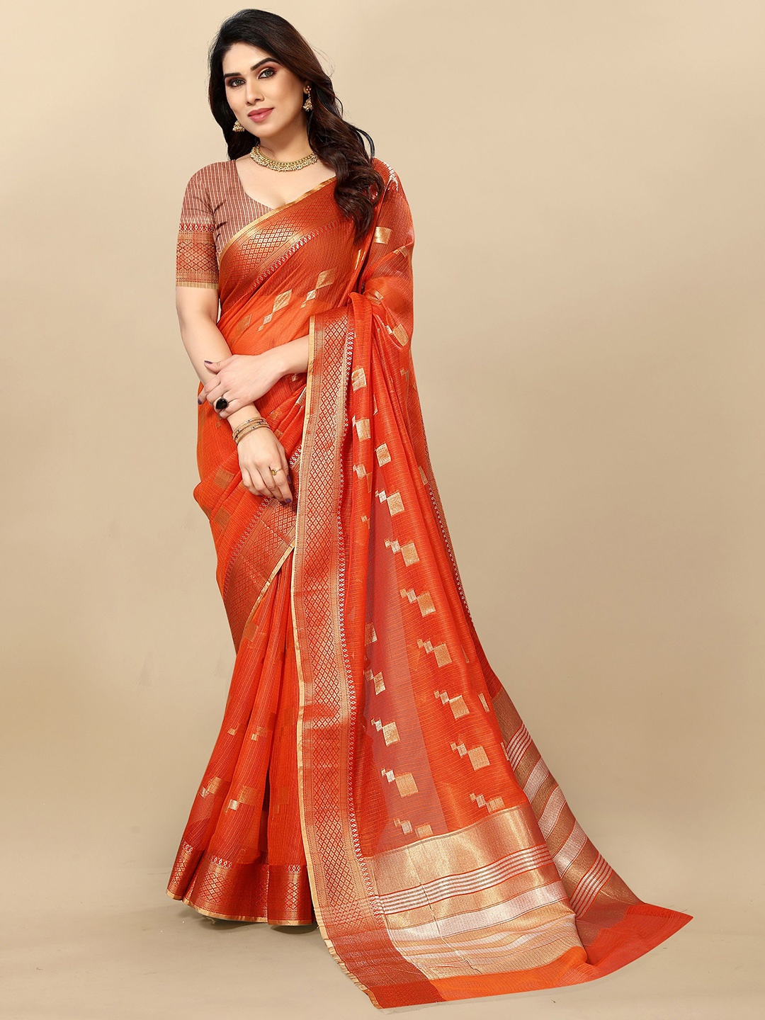 

Moda Rapido Woven Design Zari Designer Kota Saree, Orange