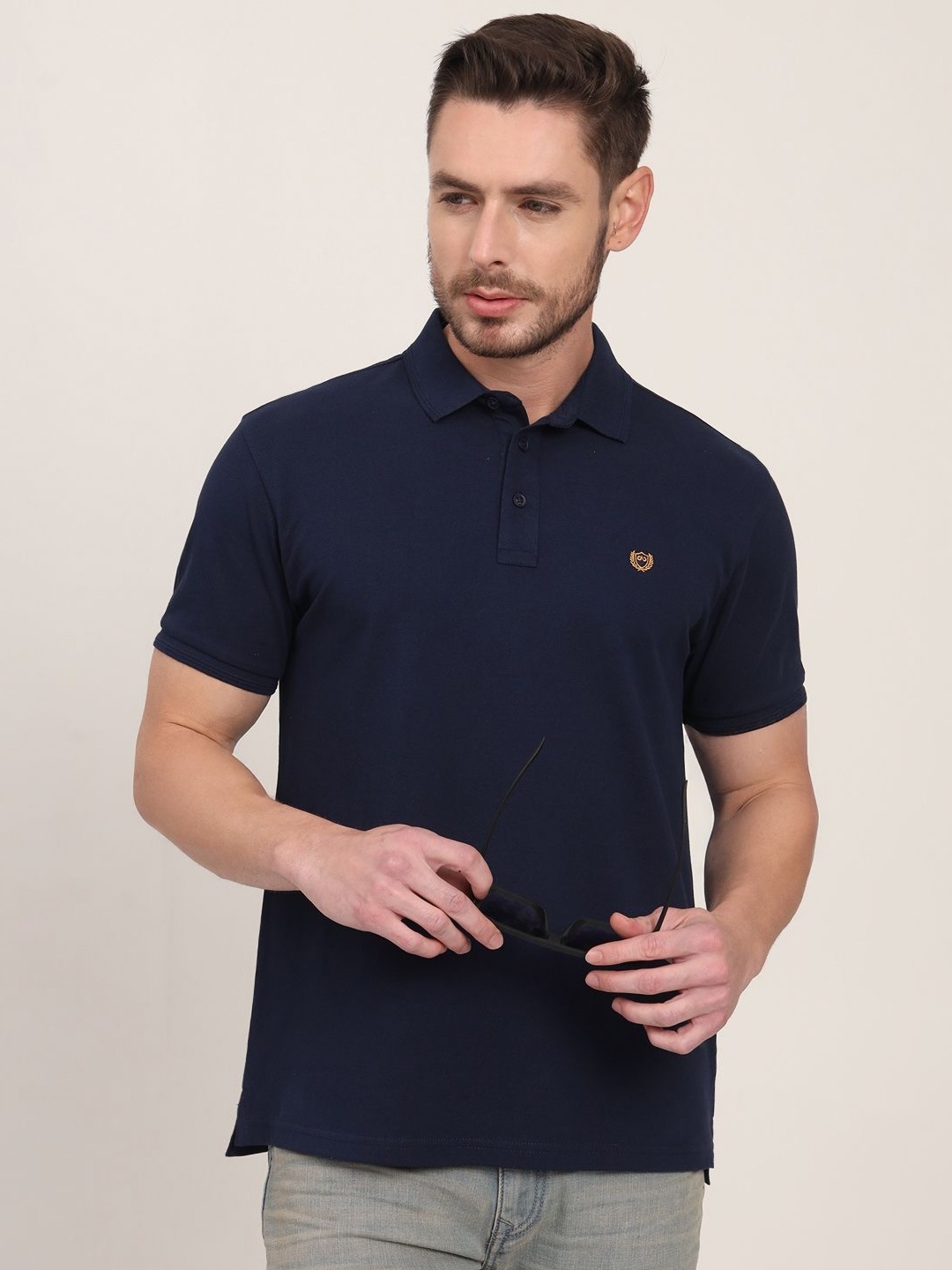 

JADE BLUE Men Polo Collar Applique Slim Fit T-shirt, Navy blue