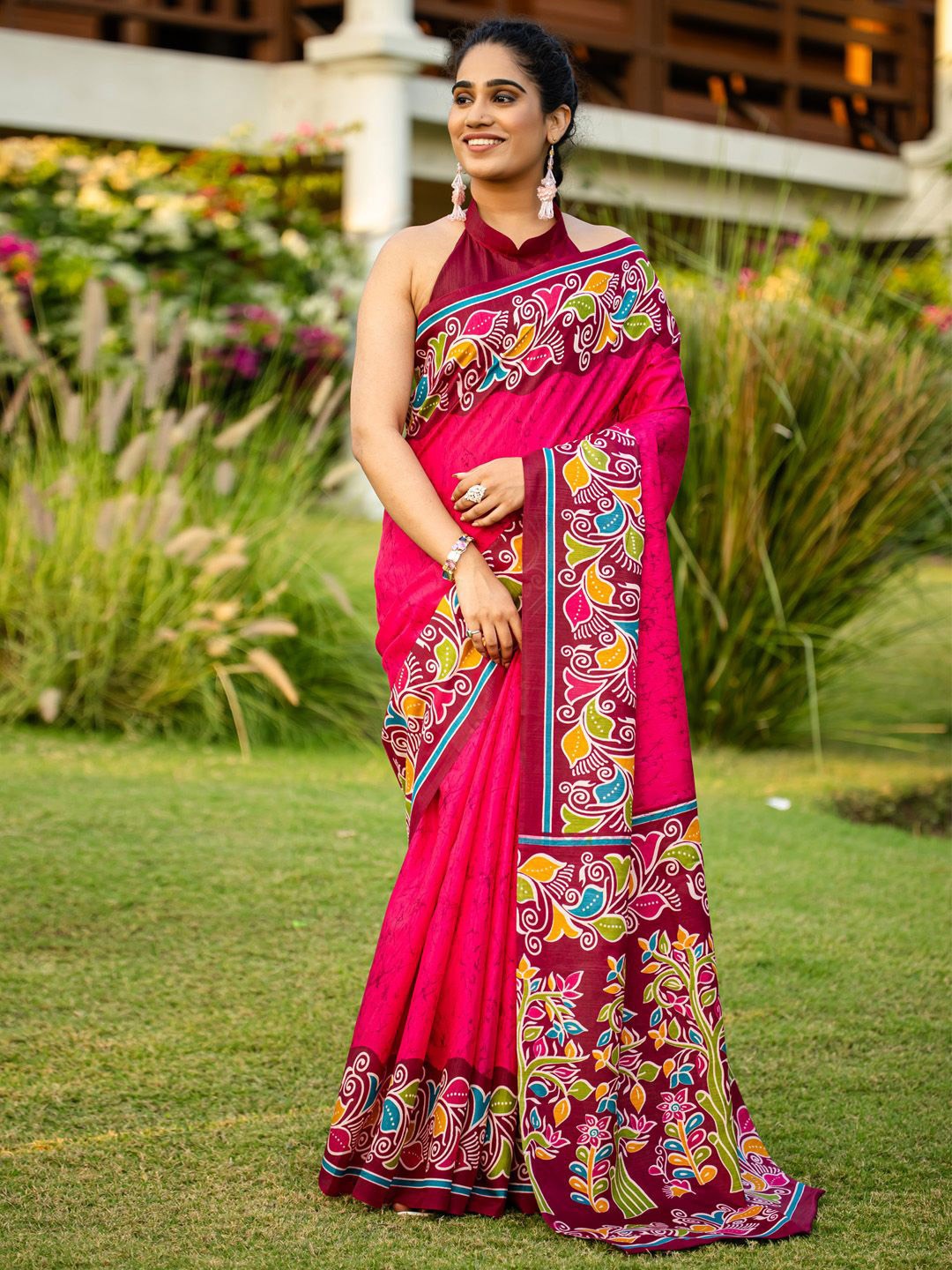 

KALINI Ethnic Motifs Block Print Saree, Pink