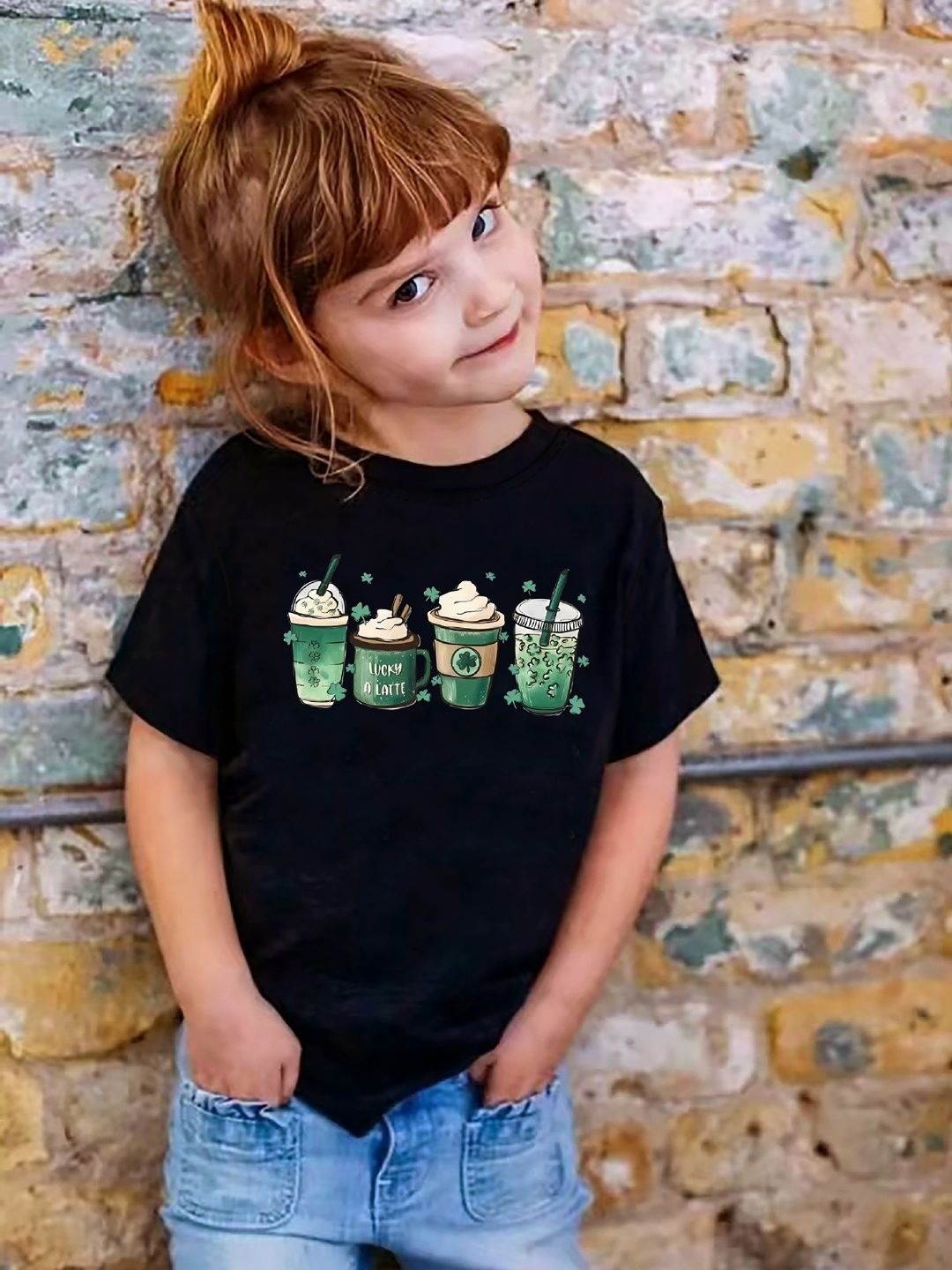 

YK Girls Checked V-Neck Drop-Shoulder Sleeves Applique T-shirt, Black