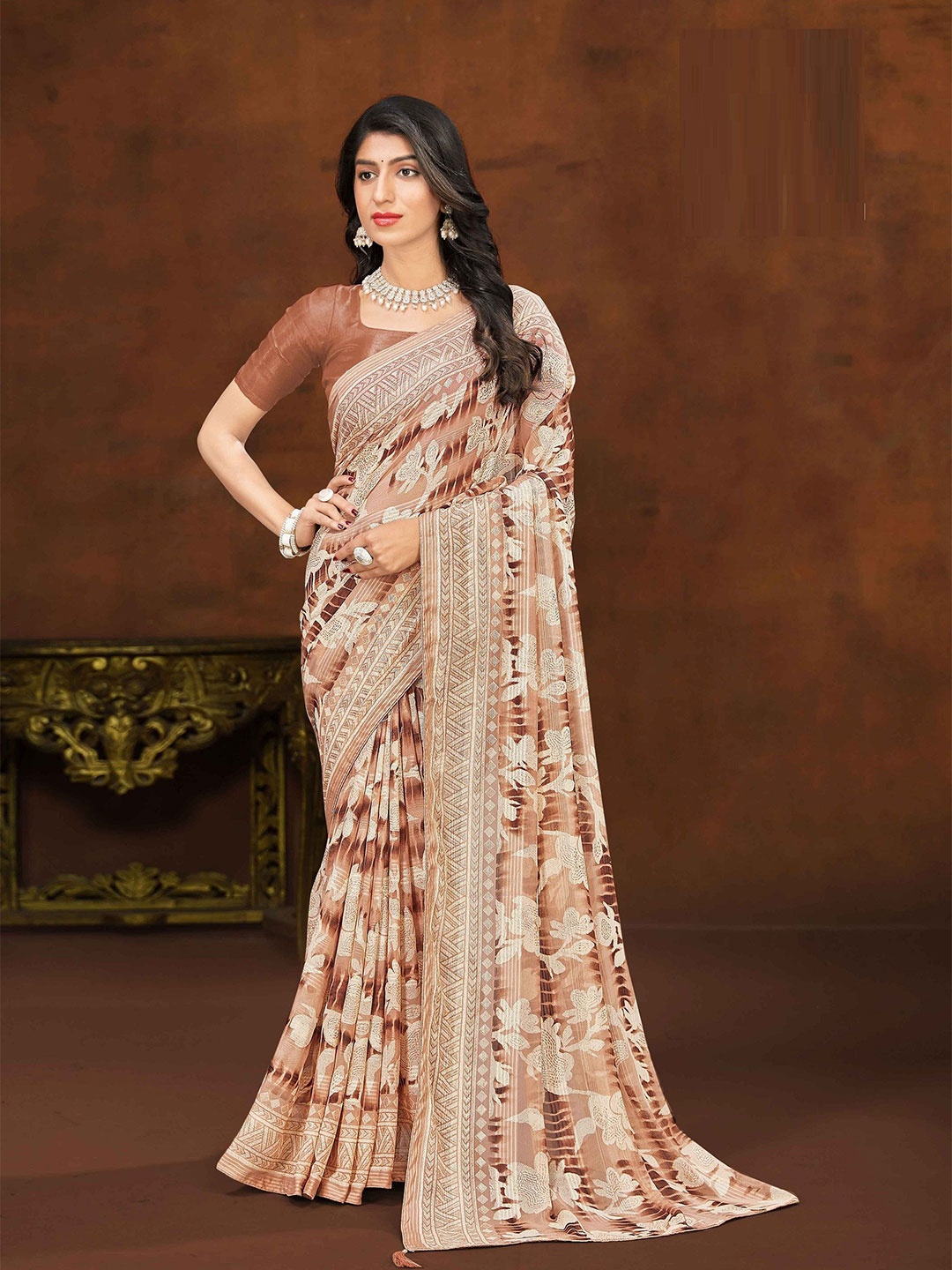 

MAHALASA Pure Georgette Designer Saree, Brown