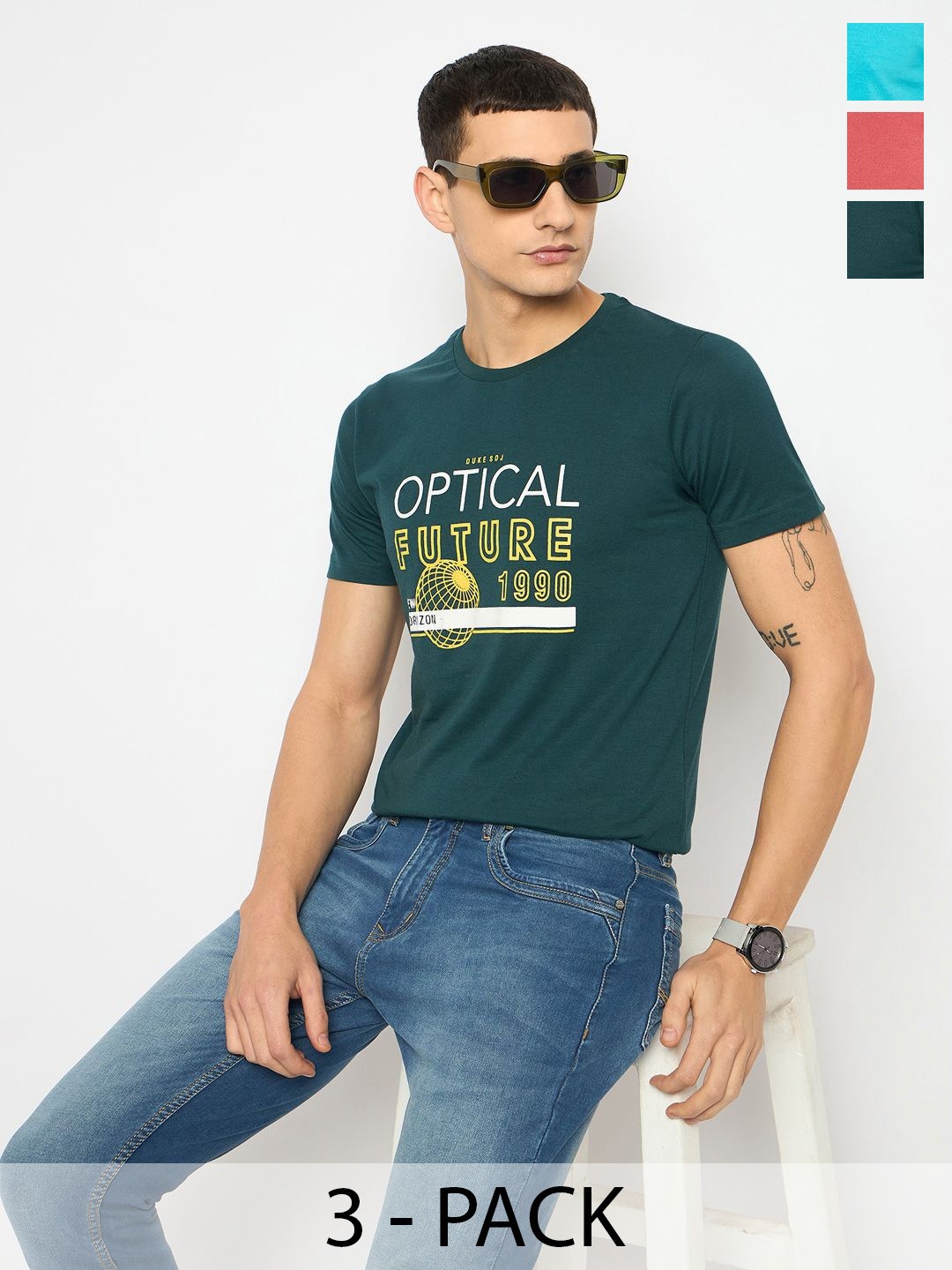 

Duke Men Pack of 3 Typography Printed Round Neck Cotton Slim Fit T-shirts, Teal