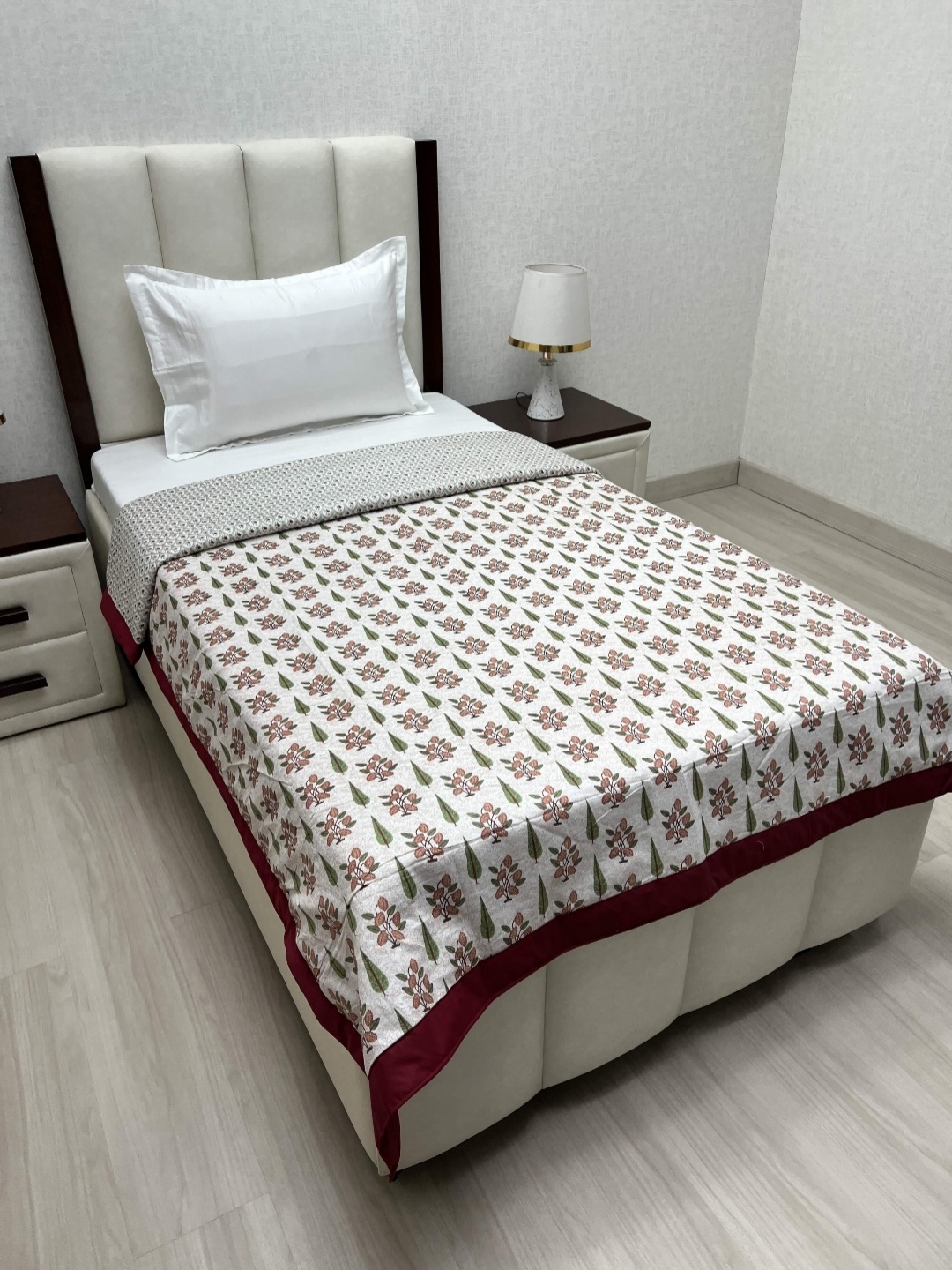 

Pure Decor Sole Silken White & Green Floral Printed AC Room Single Bed Dohar