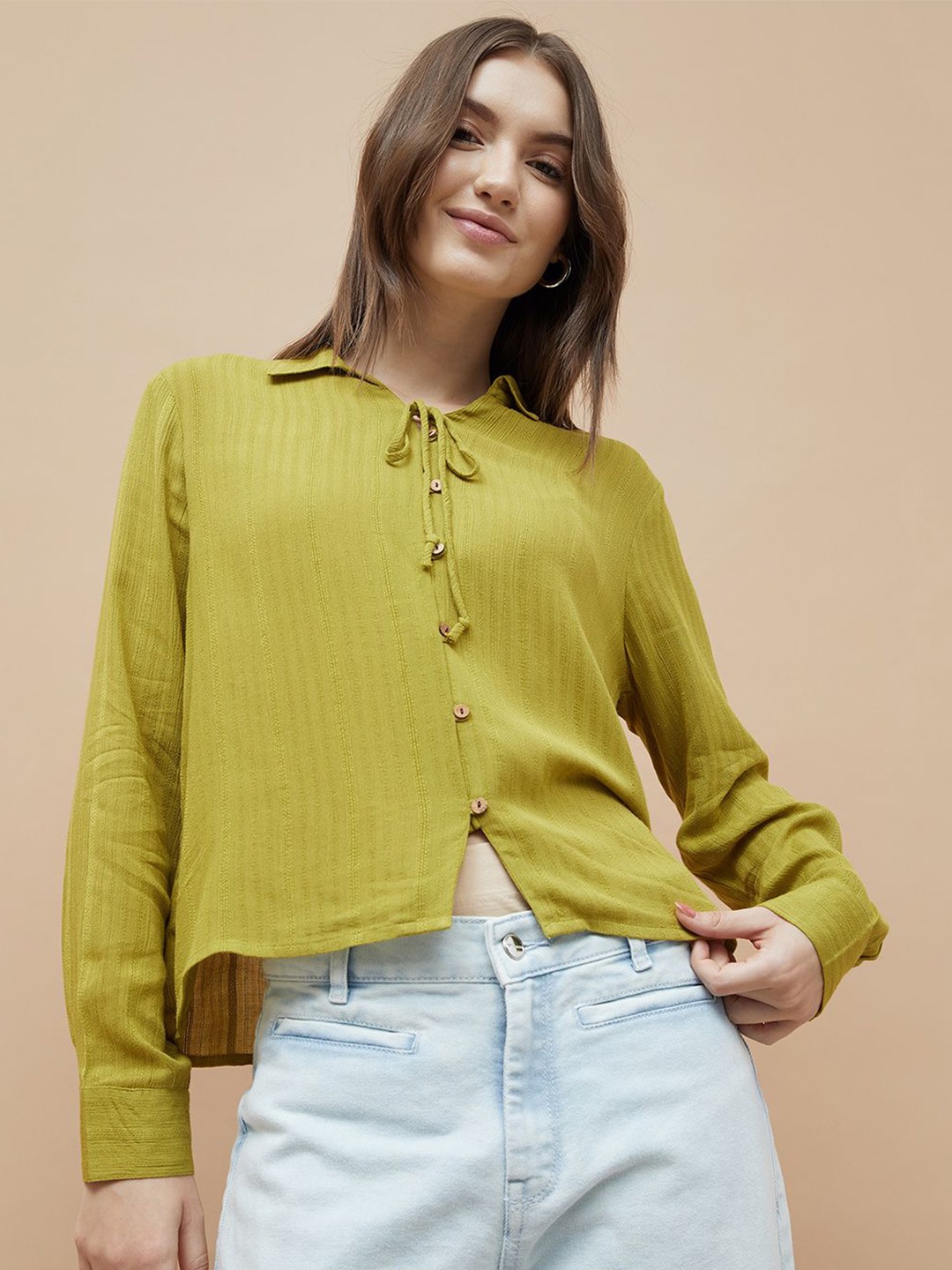 

Fame Forever by Lifestyle Striped Tie-Up Neck Top, Green