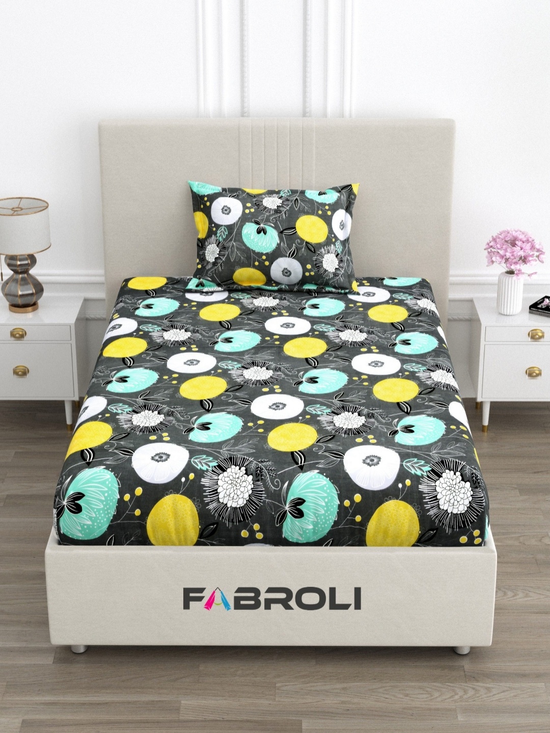 

FABROLI Grey Floral 300 TC Single Bedsheet with 1 Pillow Covers