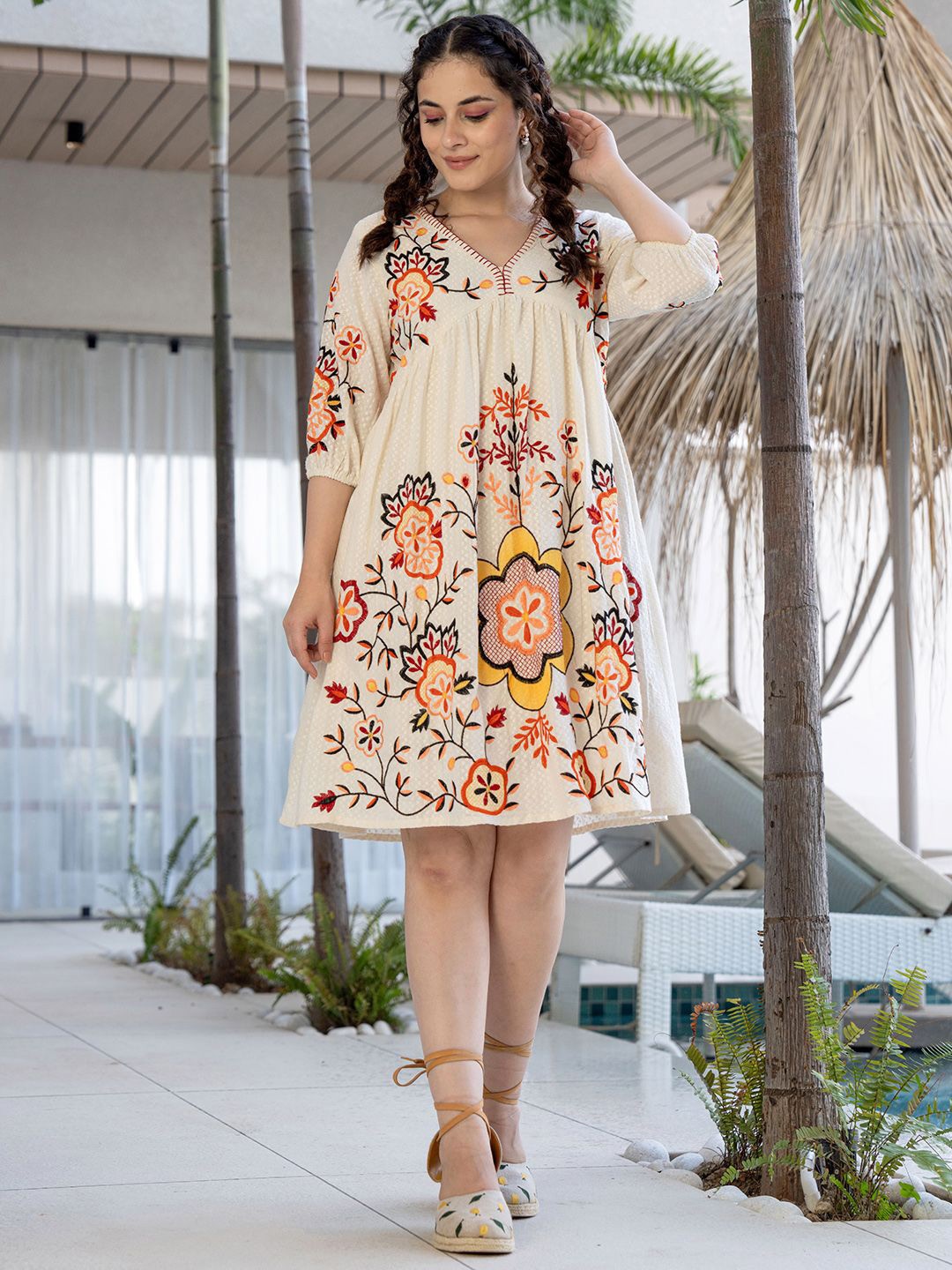 

ZUMMER Floral Embroidered Puff Sleeve Empire Dress, Off white
