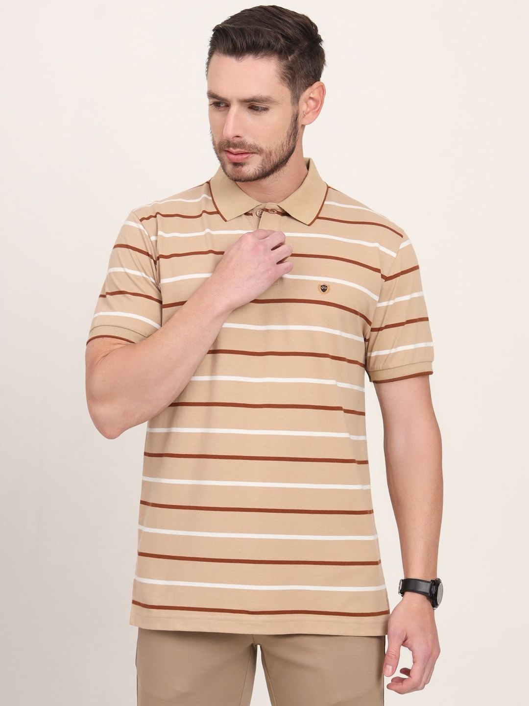

JADE BLUE Men Striped Polo Collar Pockets Slim Fit T-shirt, Brown
