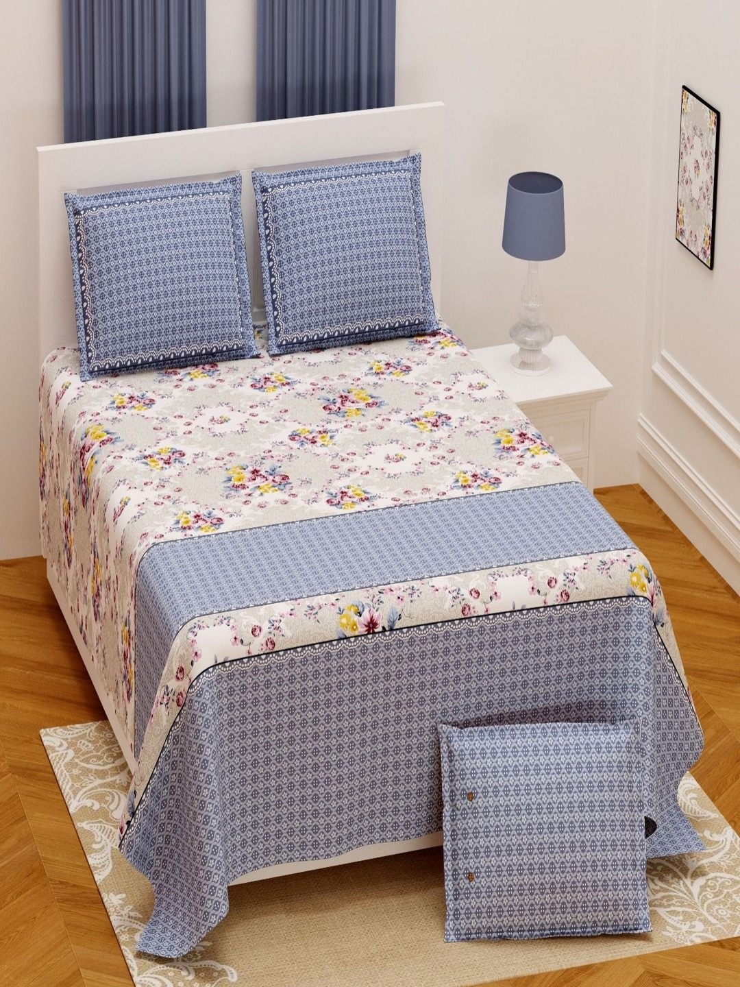 

Myntra Elegant Homes Grey & White Floral 250 TC King Bedsheet with 2 Pillow Covers