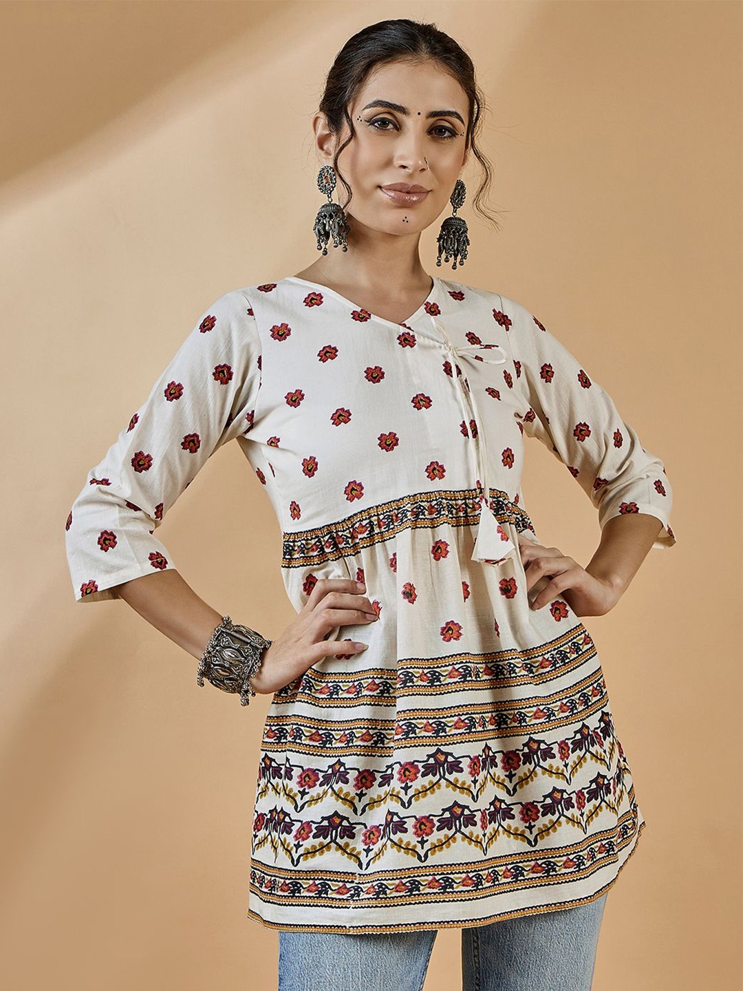 

WineRed Floral Print Cotton Empire Longline Top, Off white