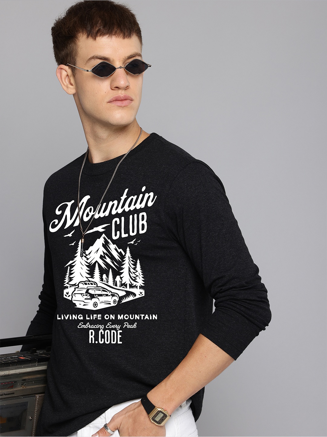 

R.Code by The Roadster Life Co. Men Biker Printed T-shirt, Charcoal