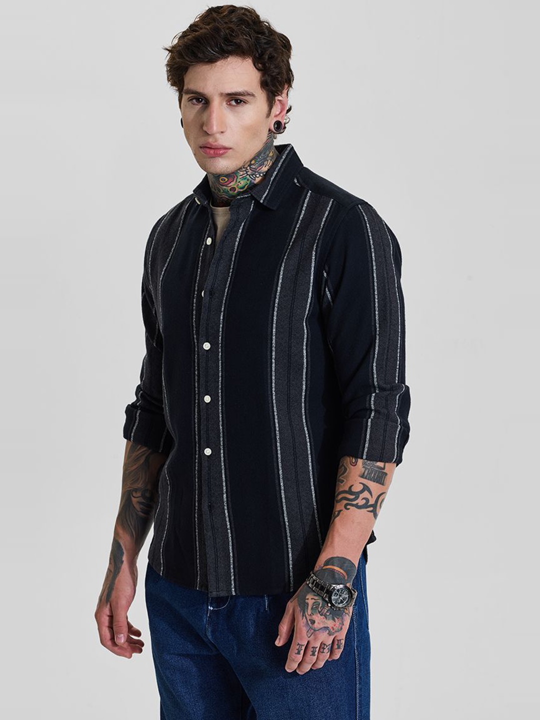 

Snitch Men Slim Fit Opaque Striped Casual Shirt, Charcoal