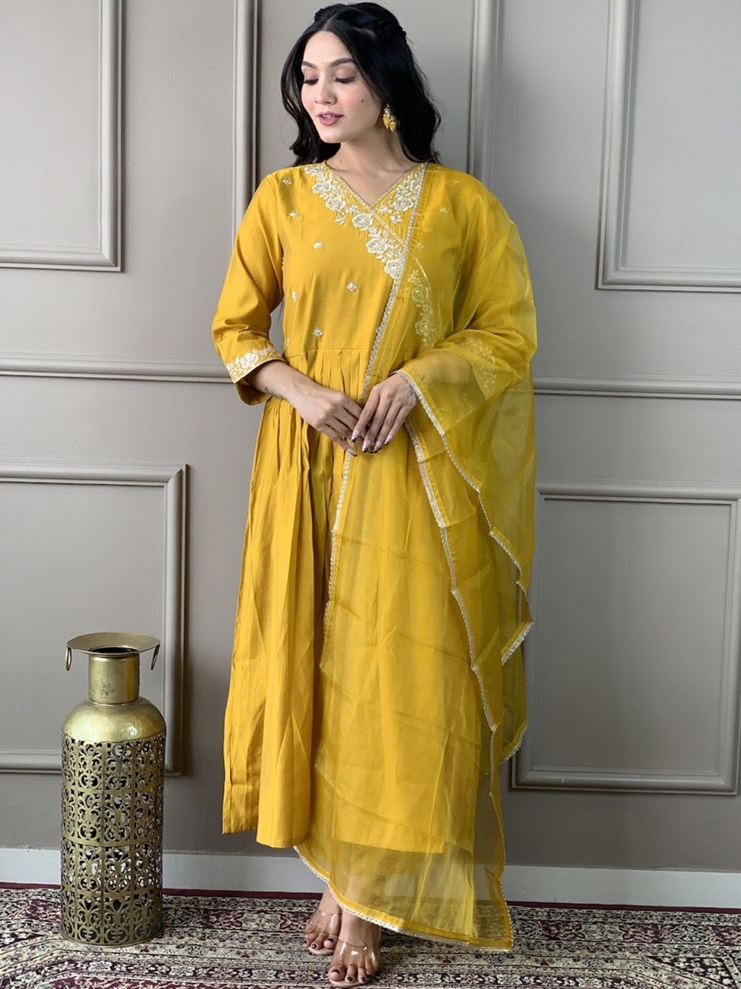 

REALLTREND Women Ethnic Motifs Embroidered Angrakha Thread Work Kurta with Trousers & With Dupatta, Mustard
