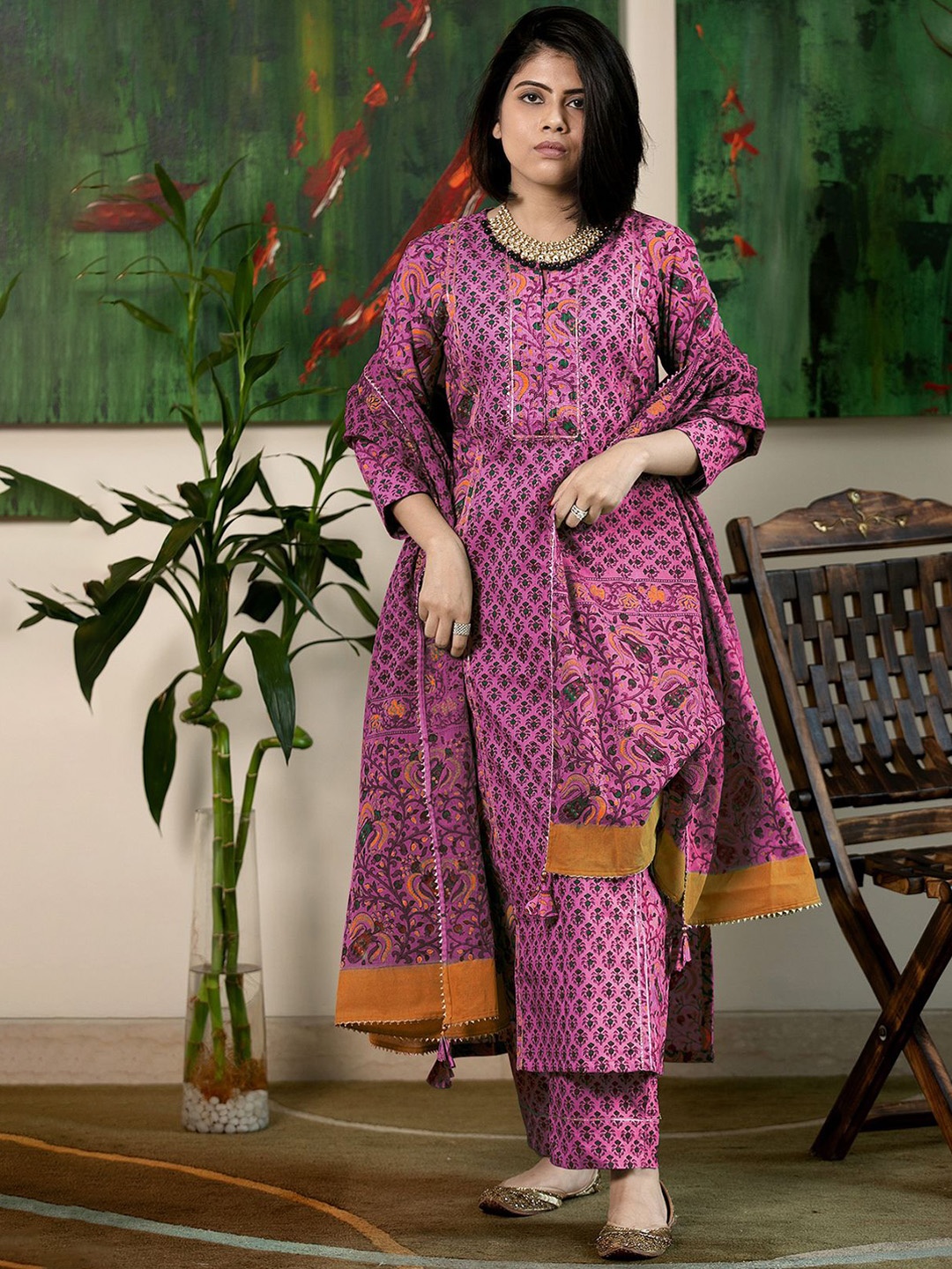 

KALINI Women Floral Printed Regular Kurta with Trousers & With Dupatta, Pink
