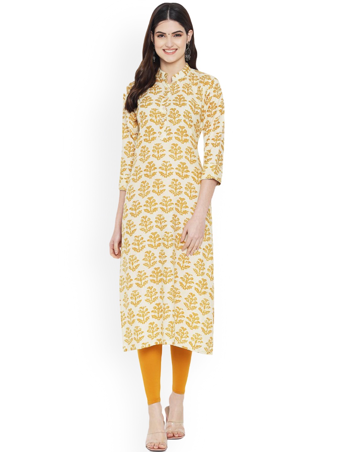 

7Threads Ethnic Motifs Printed Mandarin Collar Straight Cotton Kurta, Beige