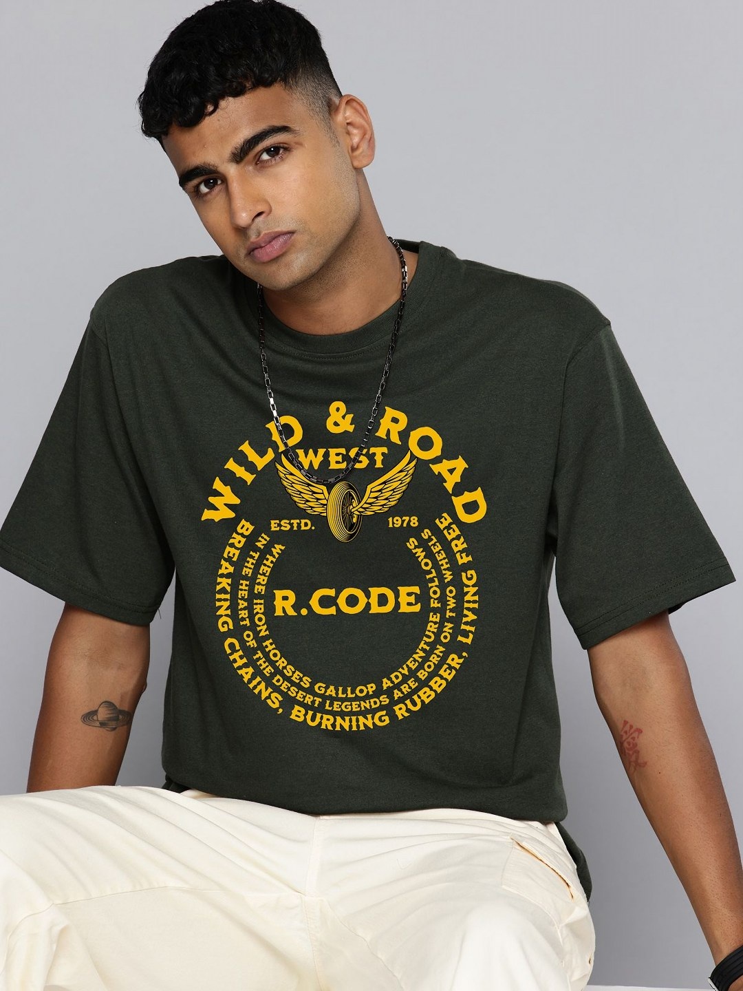 

R.Code by The Roadster Life Co. Men Printed T-shirt, Olive