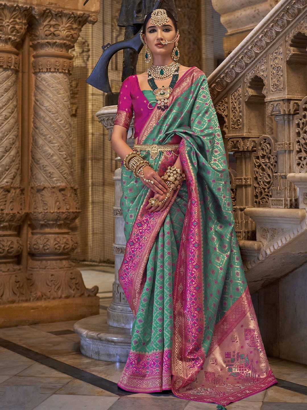 

MAHALASA Ethnic Motifs Zari Pure Silk Handloom Kanjeevaram Saree, Sea green