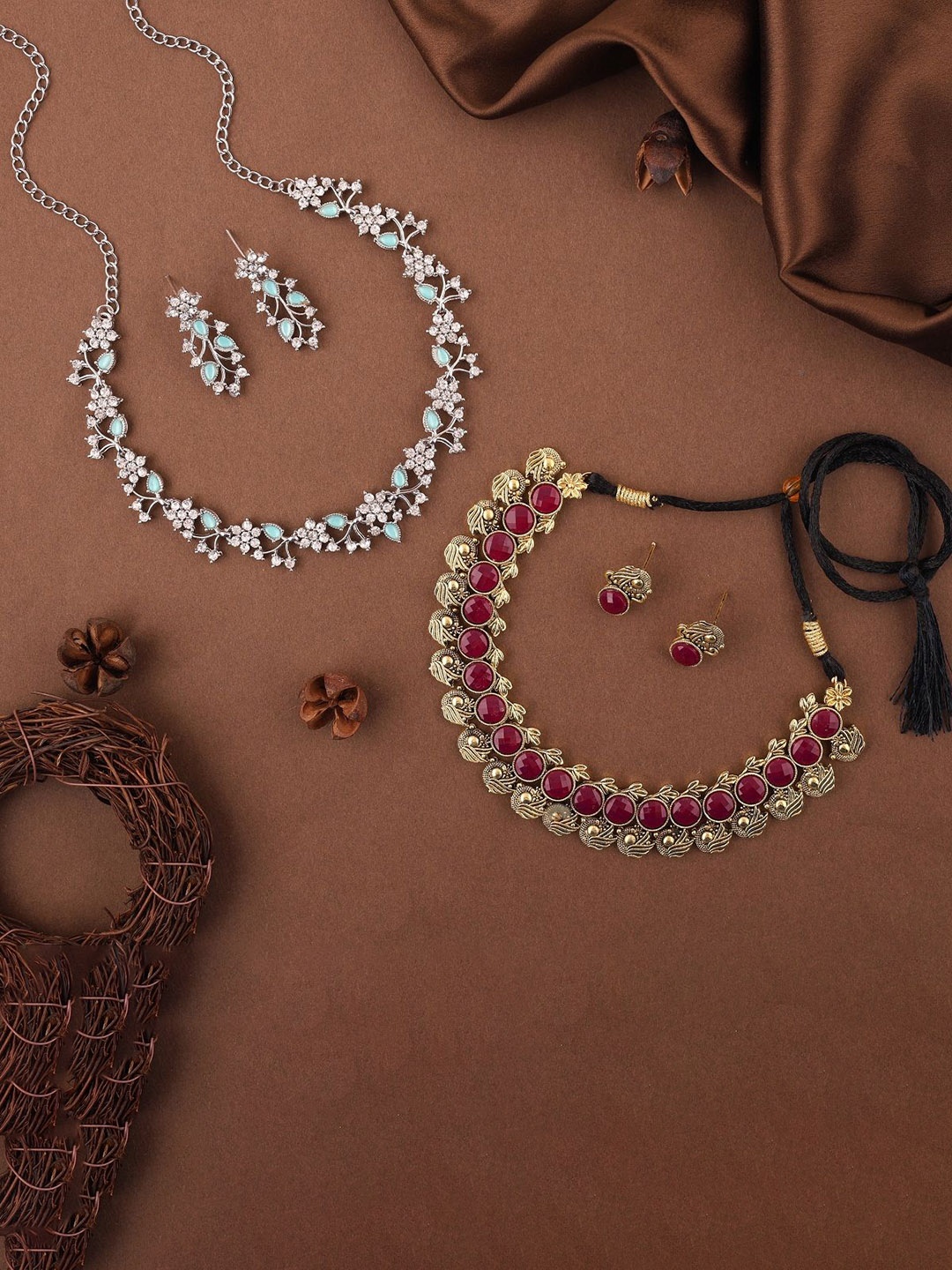 

Lyriss Set Of 2 Gold & Sliver-Plated American Diamond-Studded Jewellery Set