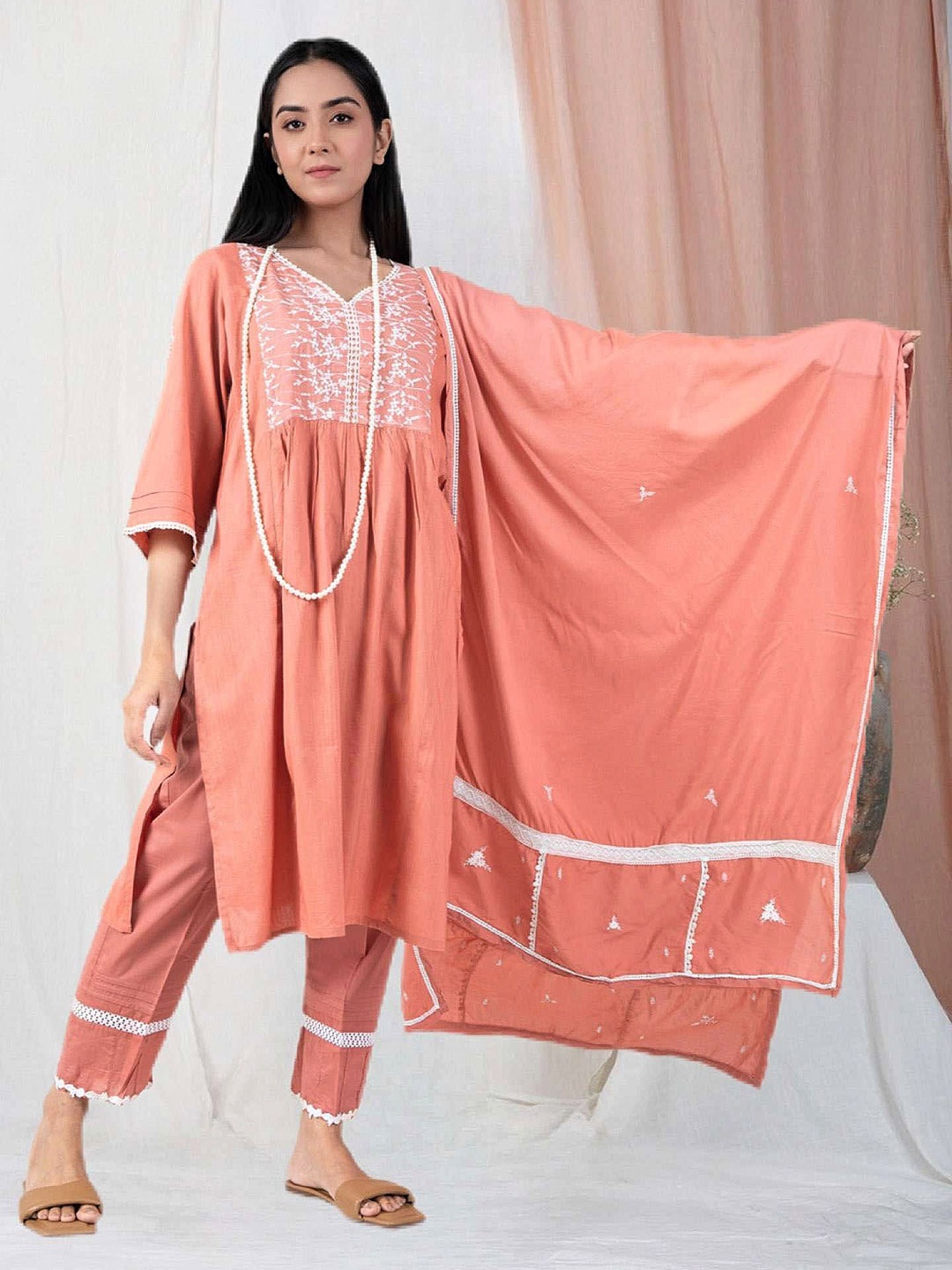 

zuri Women Embroidered Regular Pure Cotton Kurta with Trousers & With Dupatta, Rust