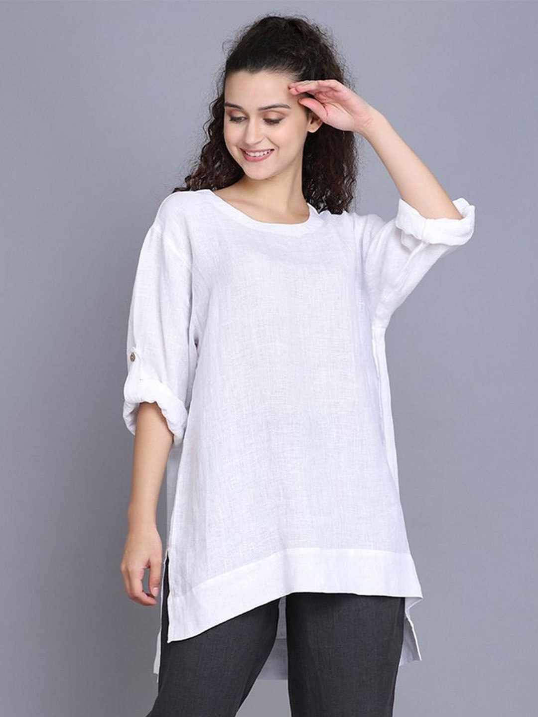

ECO LEAS BY SHIPRA Roll-Up Sleeves Linen Top, White