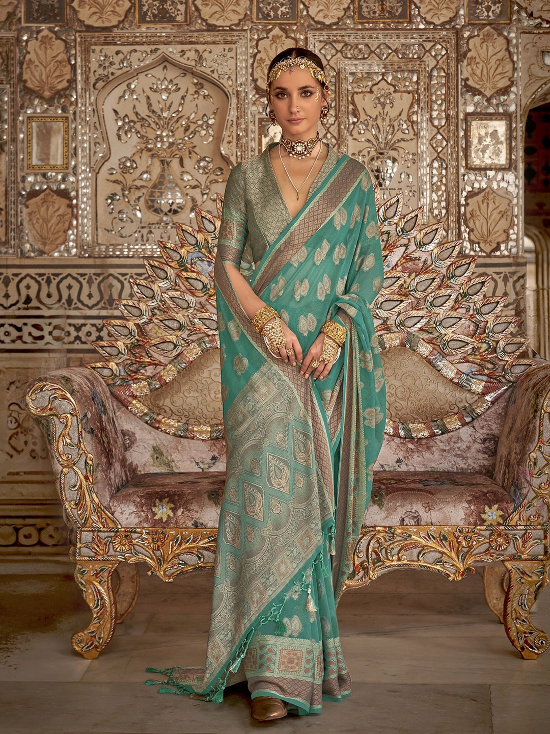 

MAHALASA Ethnic Motifs Zari Pure Georgette Banarasi Saree, Sea green