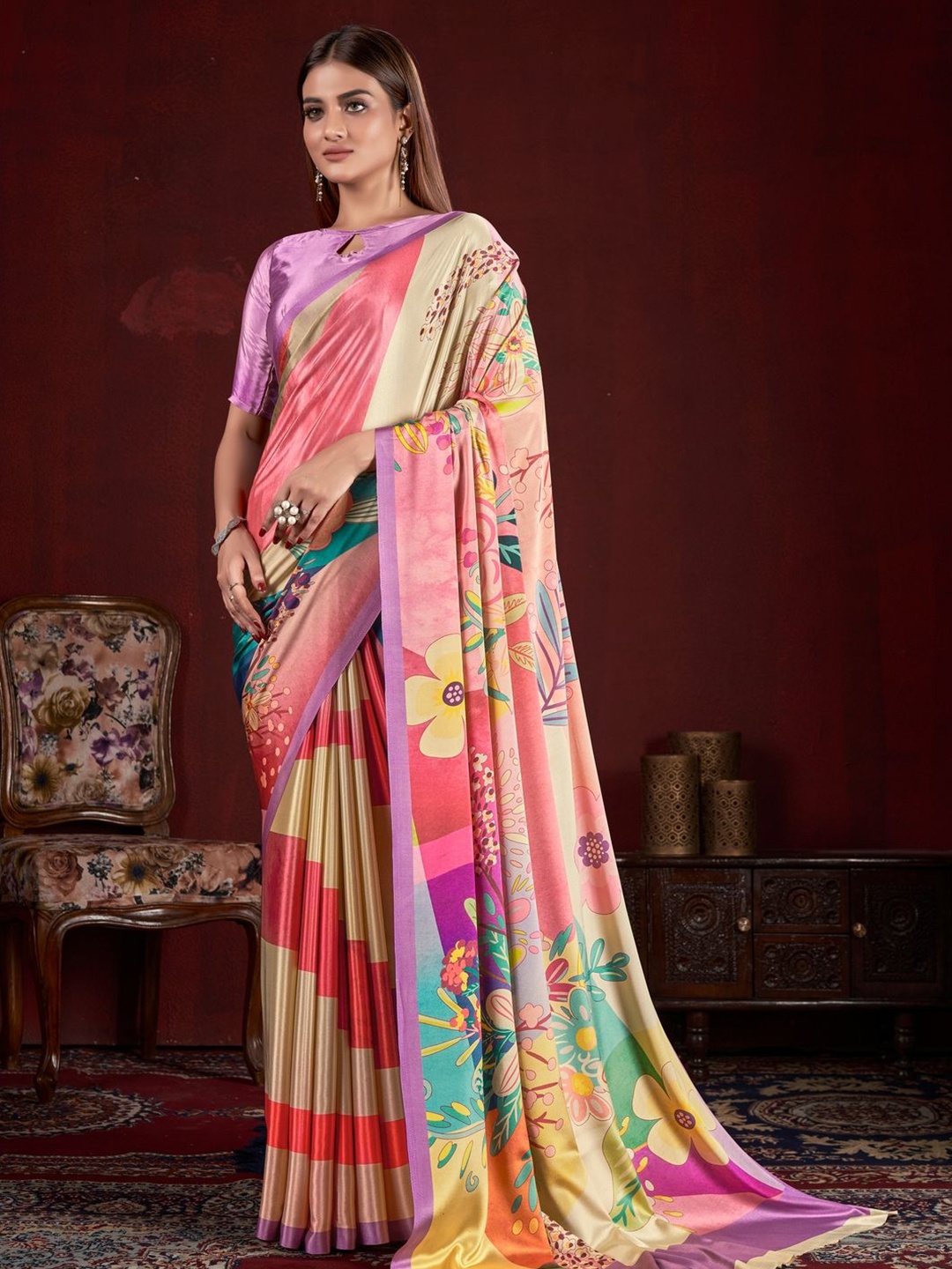 

Suha Floral Poly Crepe Saree, Pink