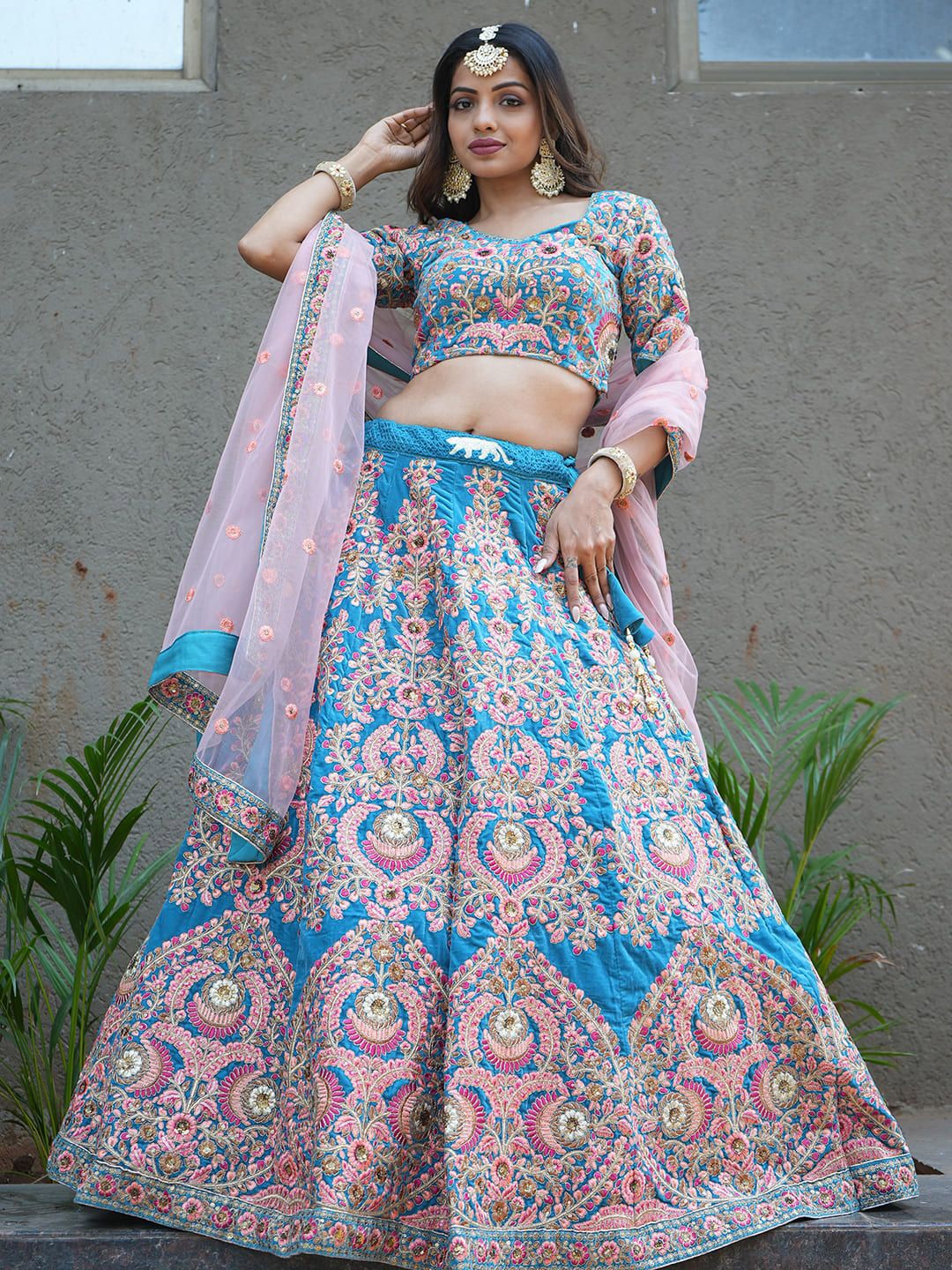 

FABPIXEL Embroidered Semi-Stitched Lehenga & Unstitched Blouse With Dupatta, Teal