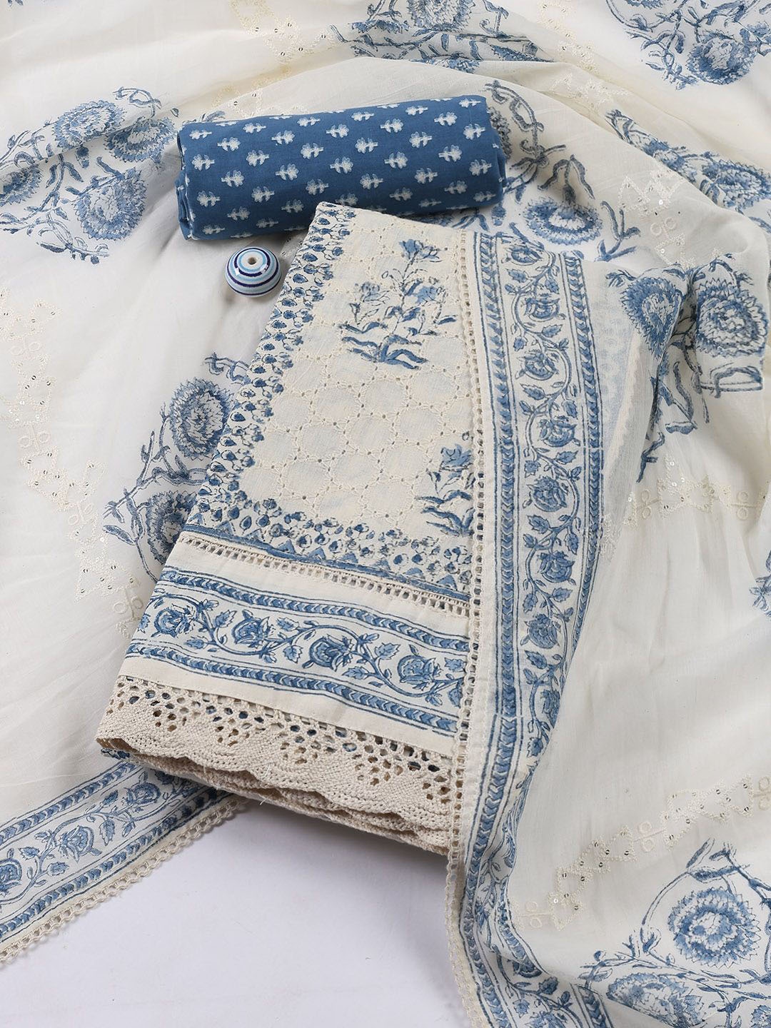 

Meena Bazaar Printed Unstitched Dress Material, Cream