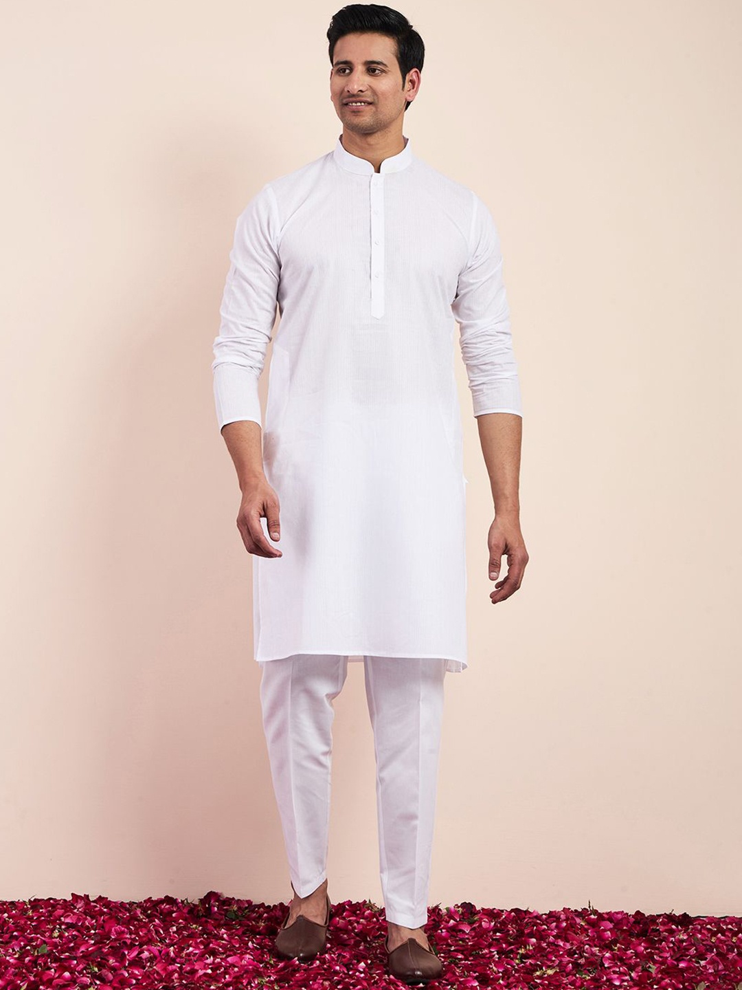 

Satwaa Woven Design Mandarin Collar Cotton Straight Kurta, White