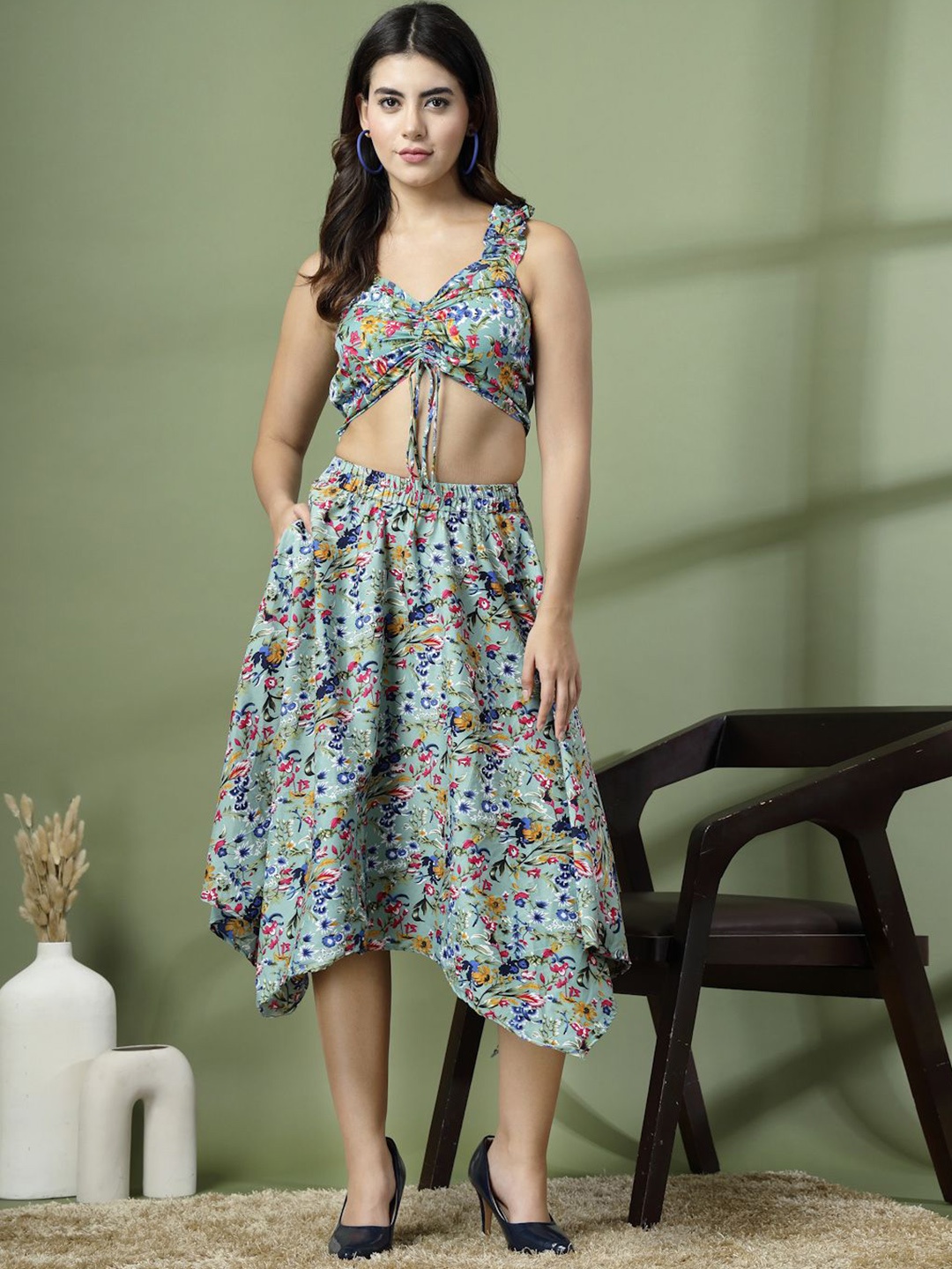 

DressBerry Floral Printed Top With Skirt Co-Ords, Blue