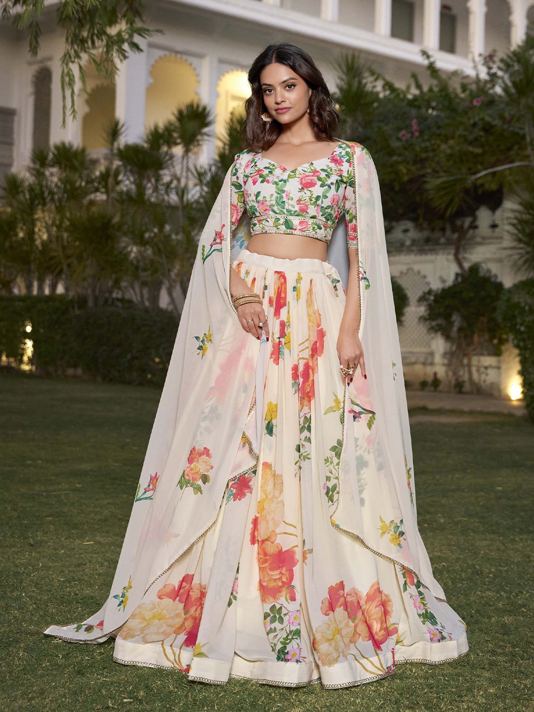 

LOOKNBOOK ART Printed Ready to Wear Lehenga & Unstitched Blouse With Dupatta, White