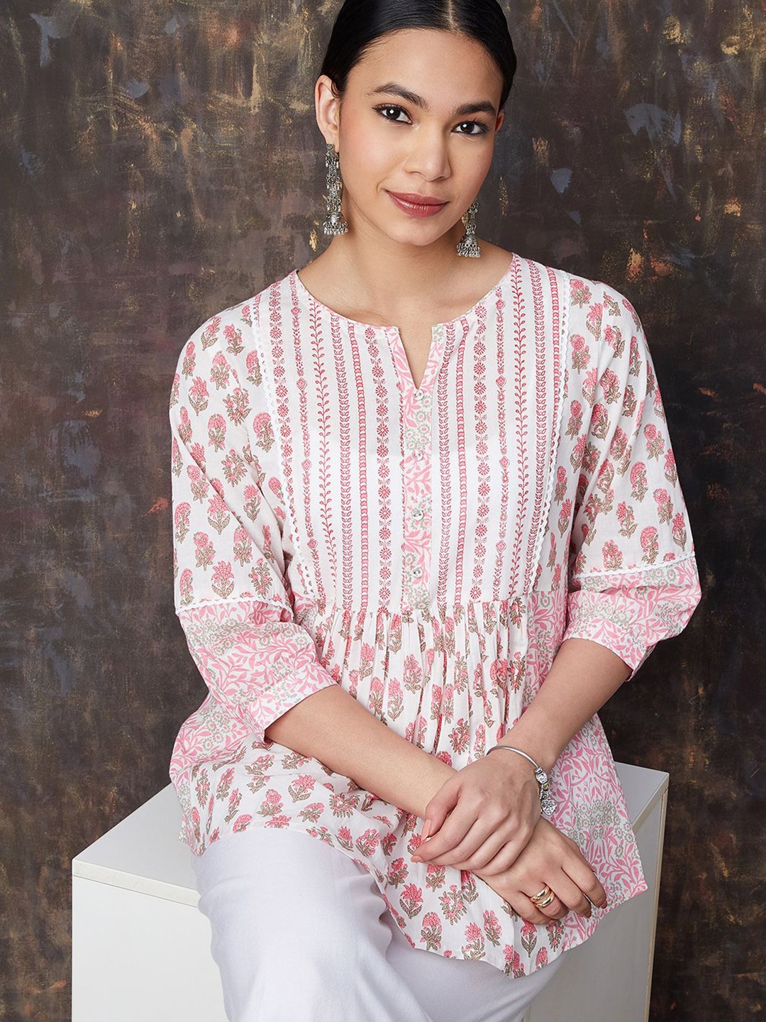 

Melange by Lifestyle Floral Print Off-Shoulder Cotton Top, Pink