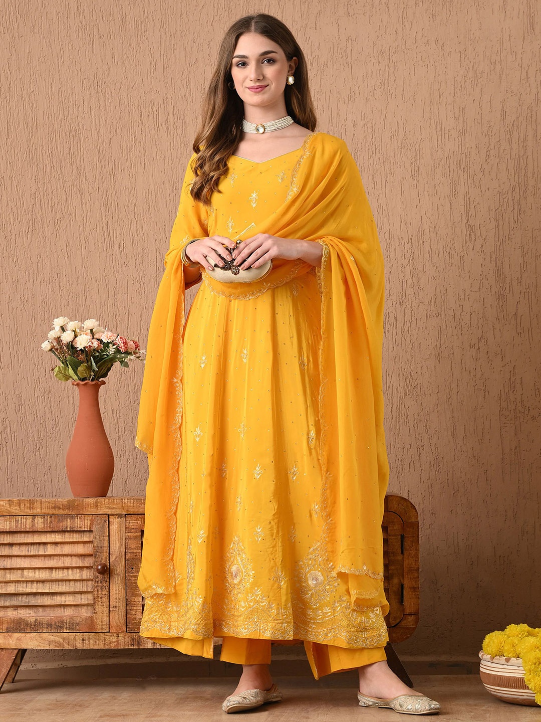 

ZARIKALI Women Floral Printed Angrakha Silk Crepe Kurta with Trousers & With Dupatta, Yellow