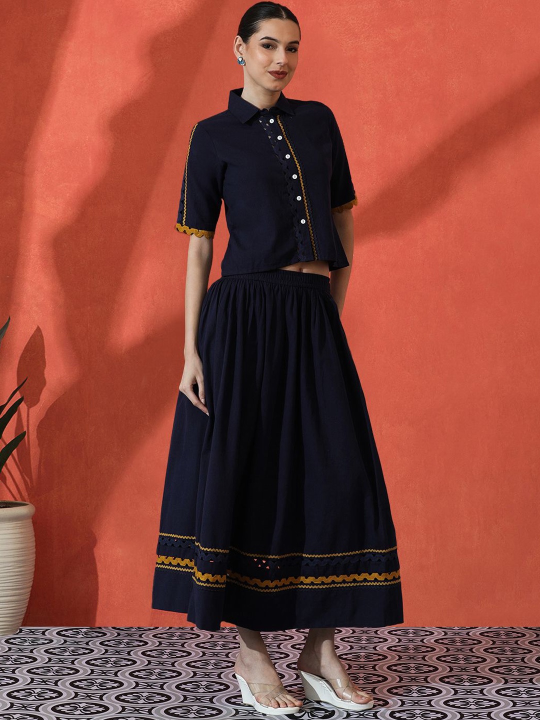 

Sangria Embroidered Pure Cotton Top & Skirt Co-Ords, Blue