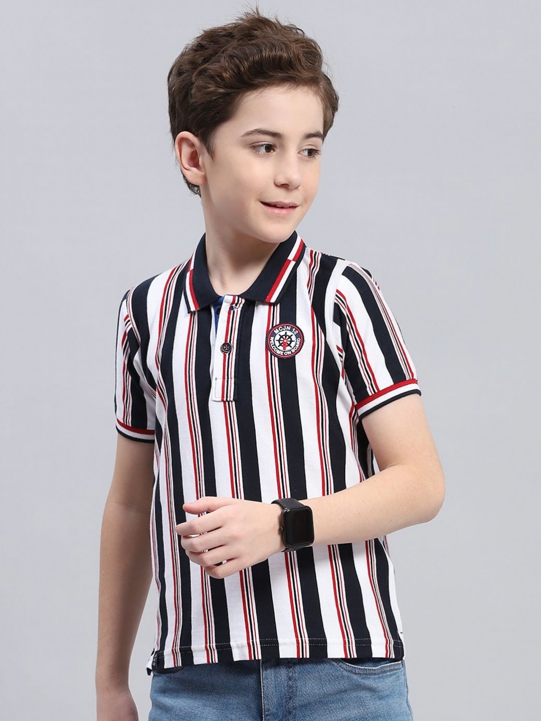 

Monte Carlo Boys Striped Polo Collar Extended Sleeves Pockets T-shirt, Blue