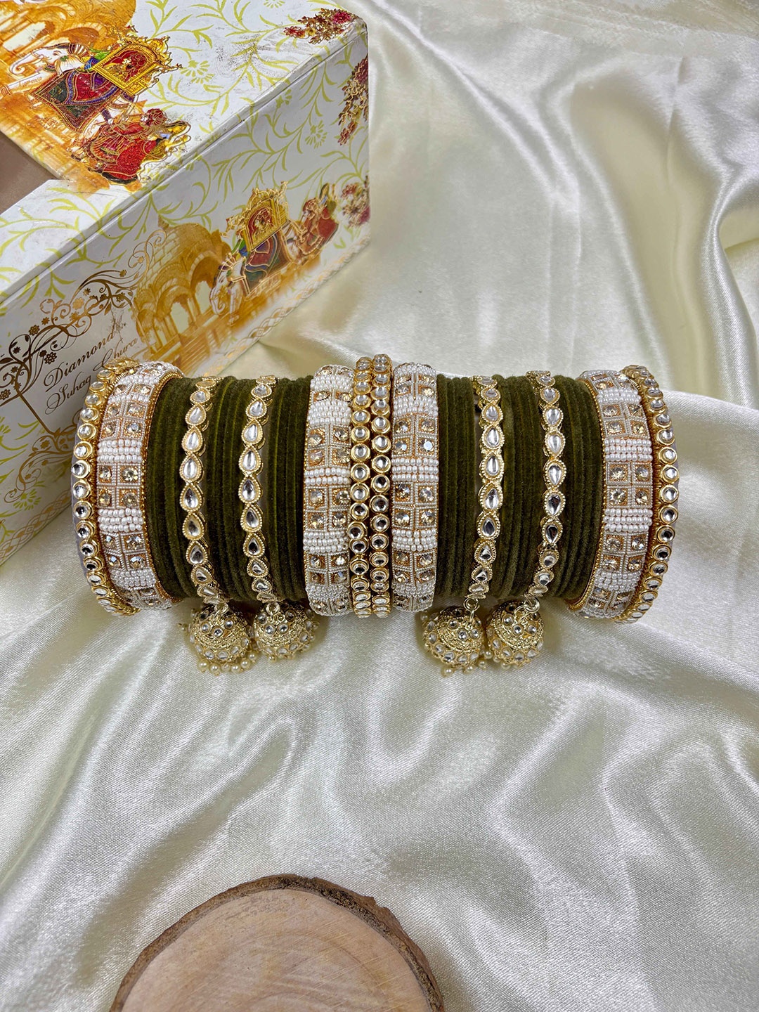 

Wedding Chuda by Hitesh Bangles Set Of 36 Stone Studded & Beaded Kada Bangles, Gold