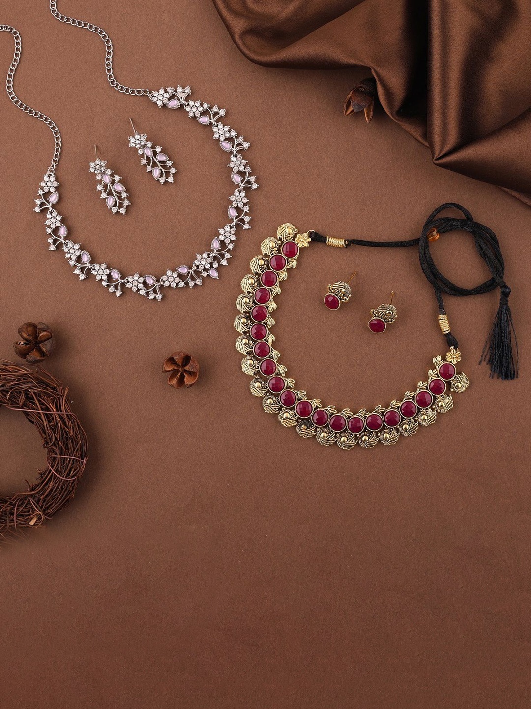 

Lyriss Set Of 2 Gold & Sliver-Plated American Diamond-Studded Jewellery Set