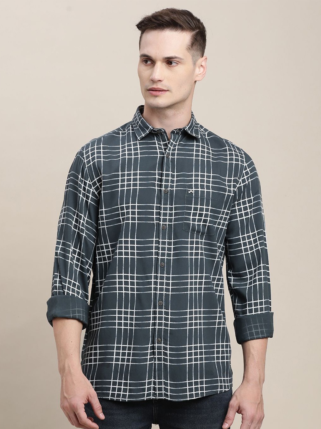 

Turtle Men Relaxed Slim Fit Tartan Checks Opaque Printed Casual Shirt, Grey