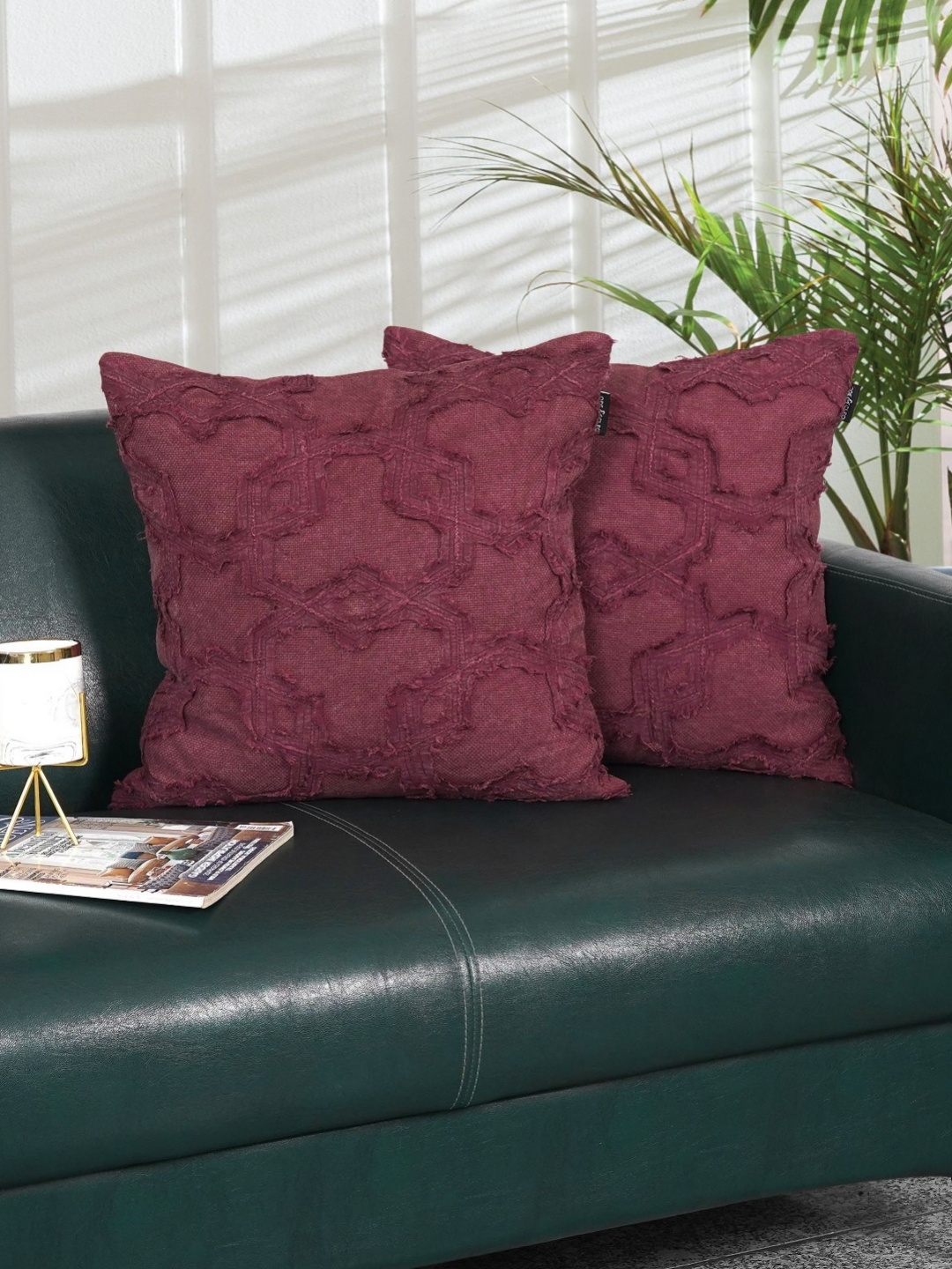 

Ode & Cleo Maroon Set of 2 Embroidered Square Cushion Covers