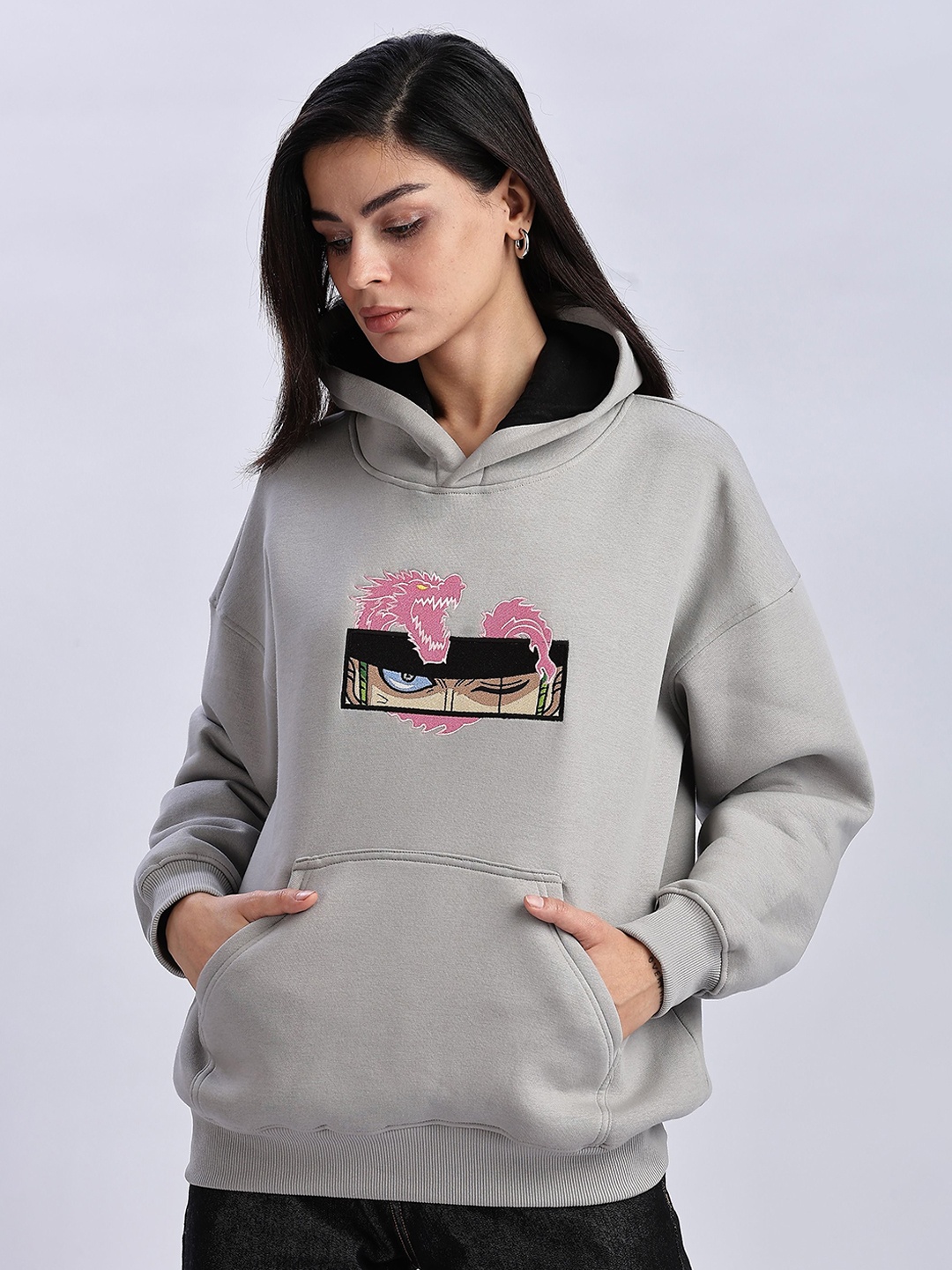 

Aerio Women Embroidery Drop Shoulder Oversized Hoodie, Grey