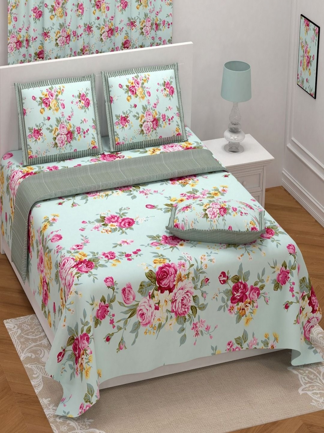 

Myntra Elegant Homes Green & Pink Floral 250 TC King Bedsheet with 2 Pillow Covers
