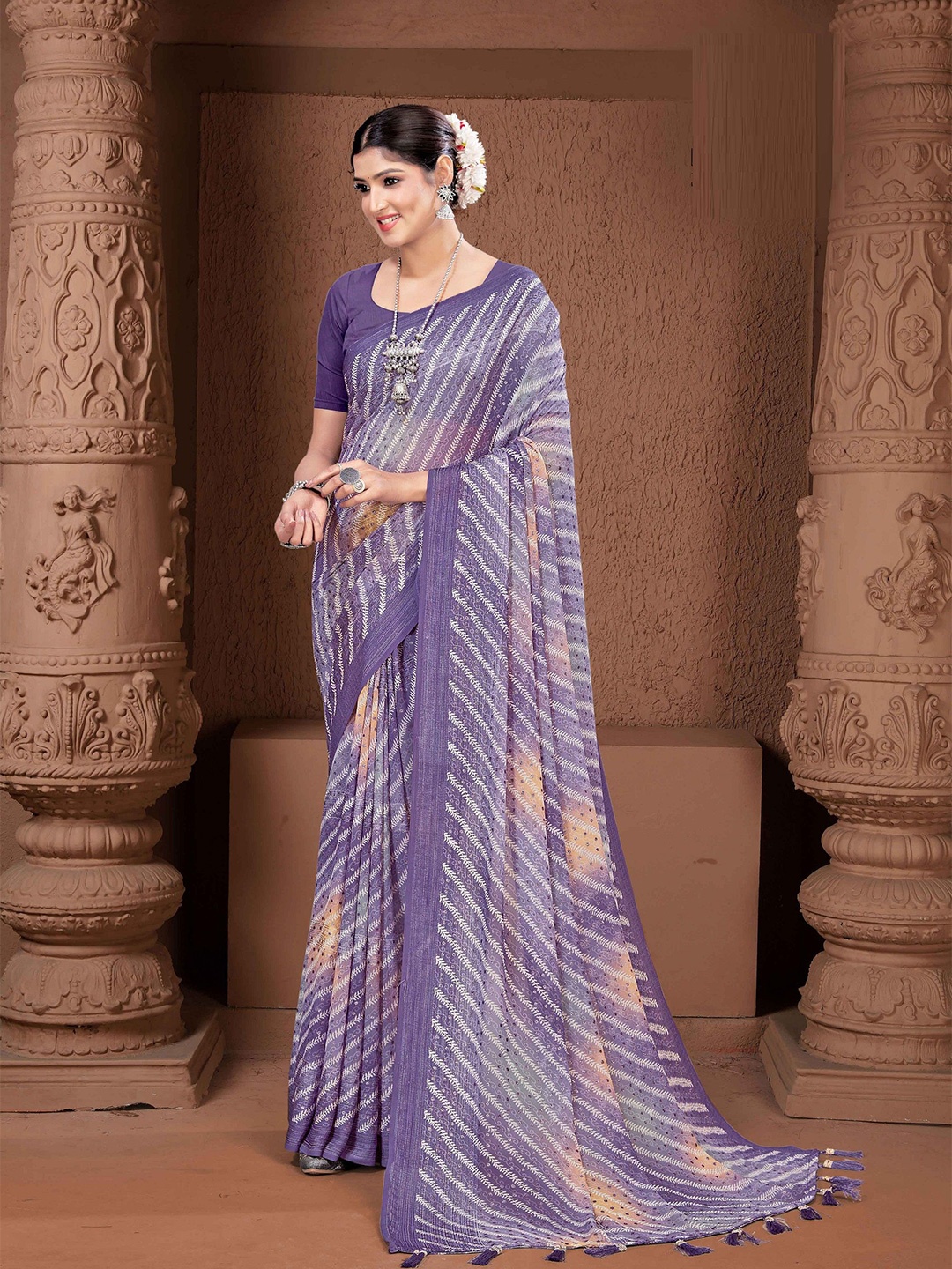 

MAHALASA Leheriya Pure Chiffon Saree, Lavender