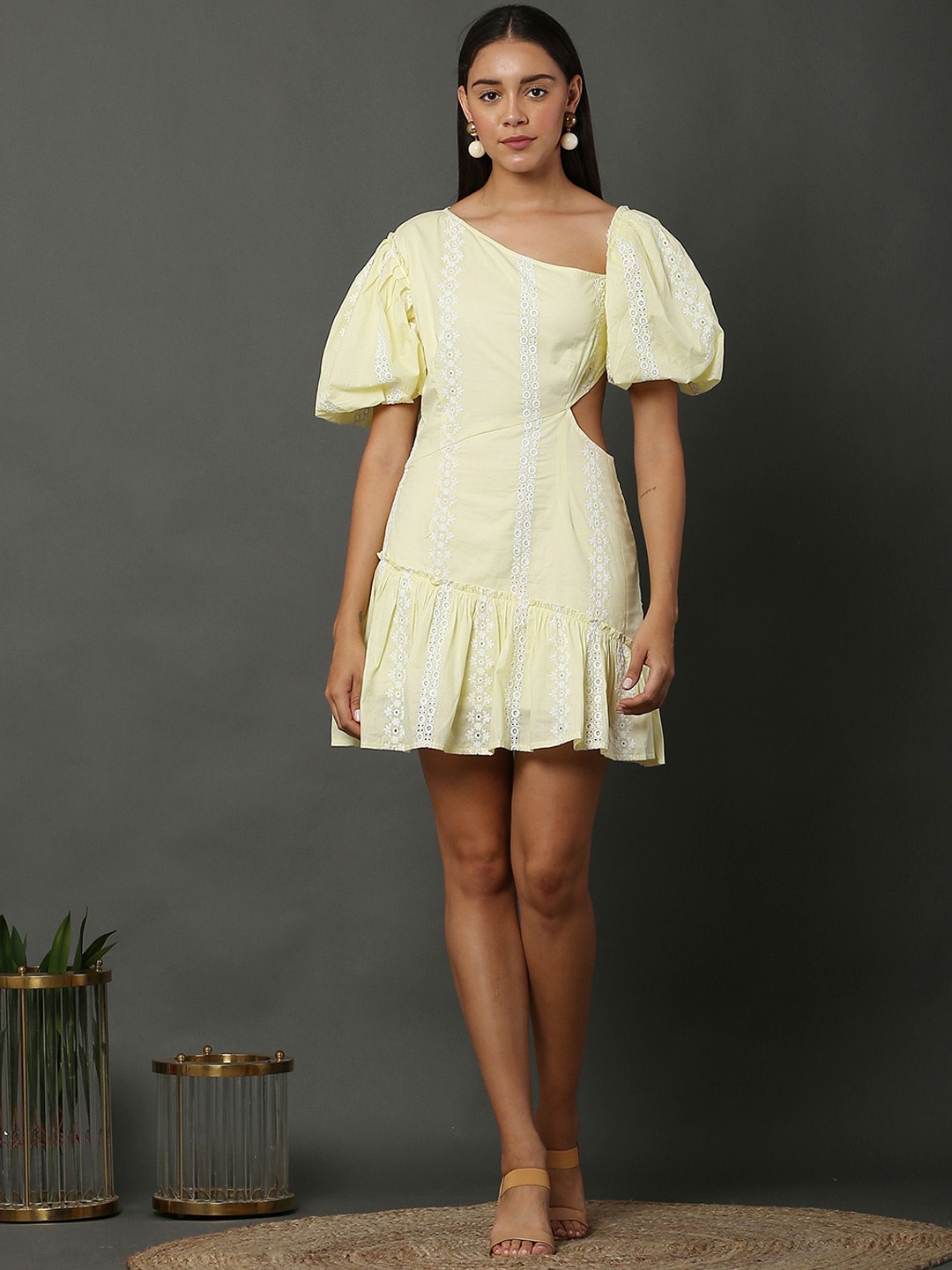 

SEW Embroidered Cotton Schiffli Cut-Out Short Dress, Yellow