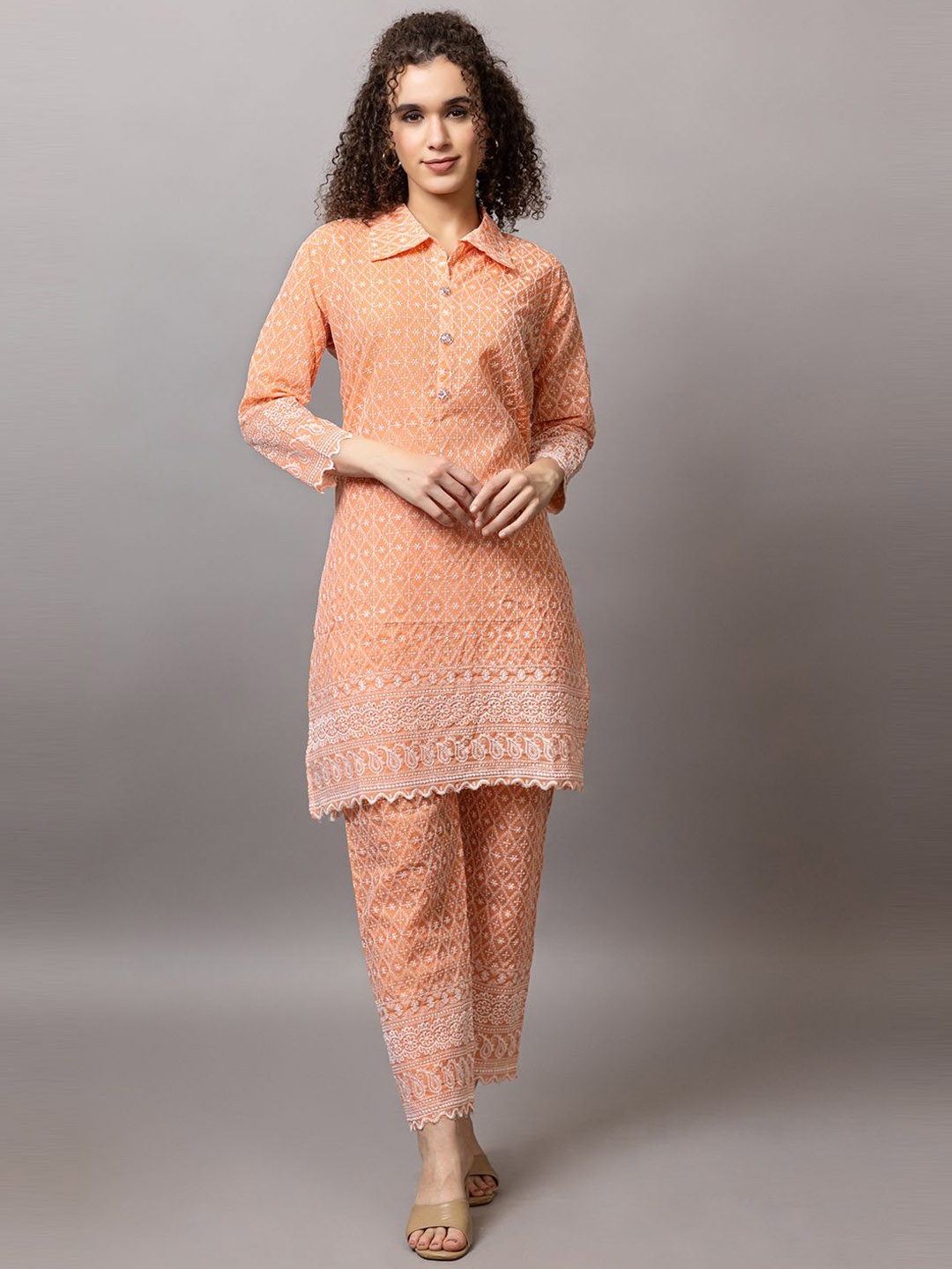 

TYSORT Embroidered Shirt Collar Neck Top With Trousers Co-Ords, Orange