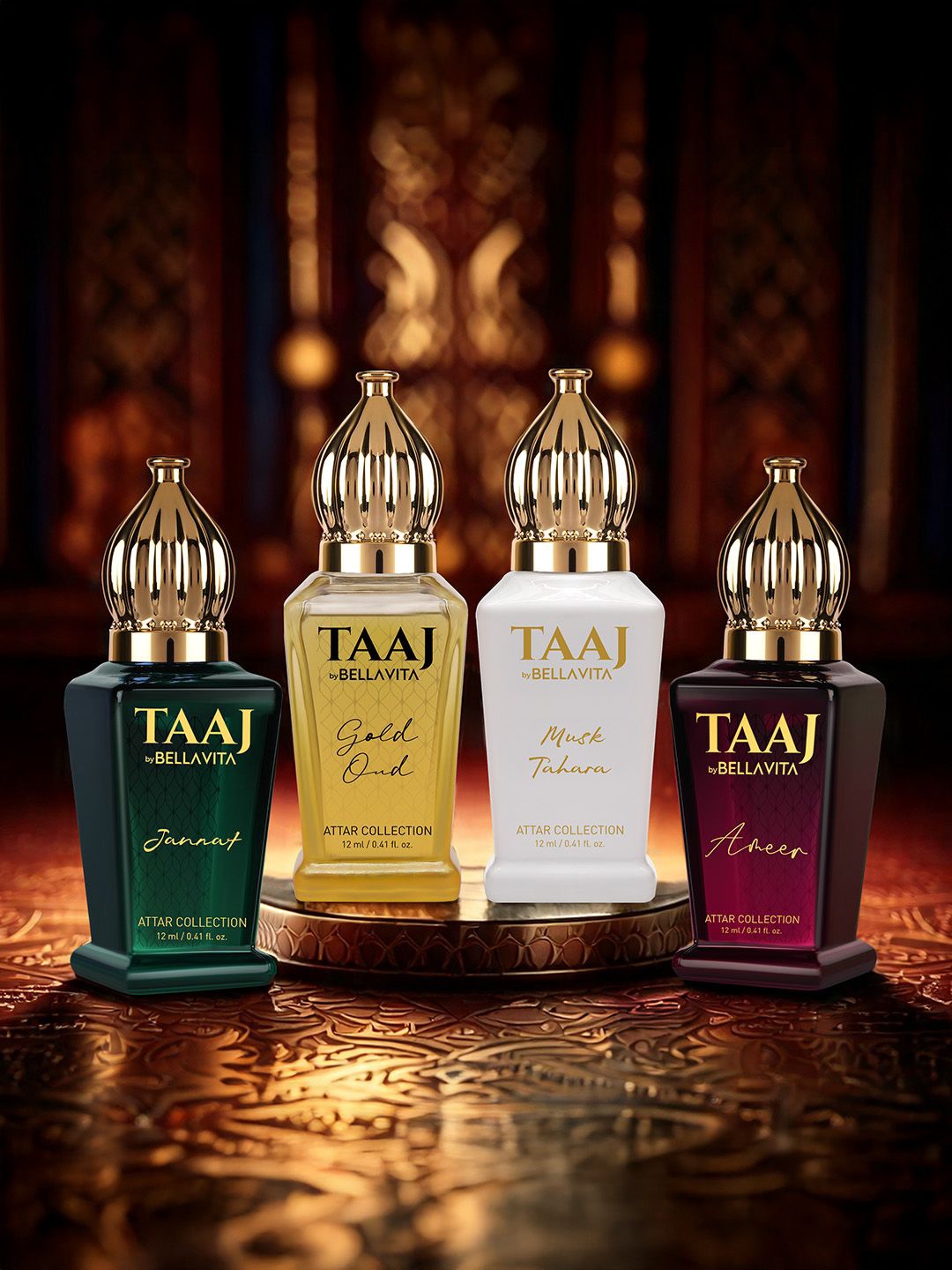 

Bella Vita Organic Set Of 6 Gold Oud- Jannat- Musk Tahara- Areer Attar- 12 ml Each, Green