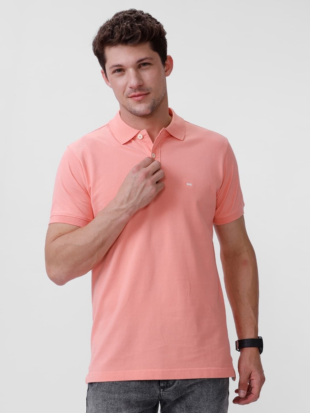 

Basics Men Solid Polo Collar Cotton Slim Fit Regular Fit T-shirt, Peach
