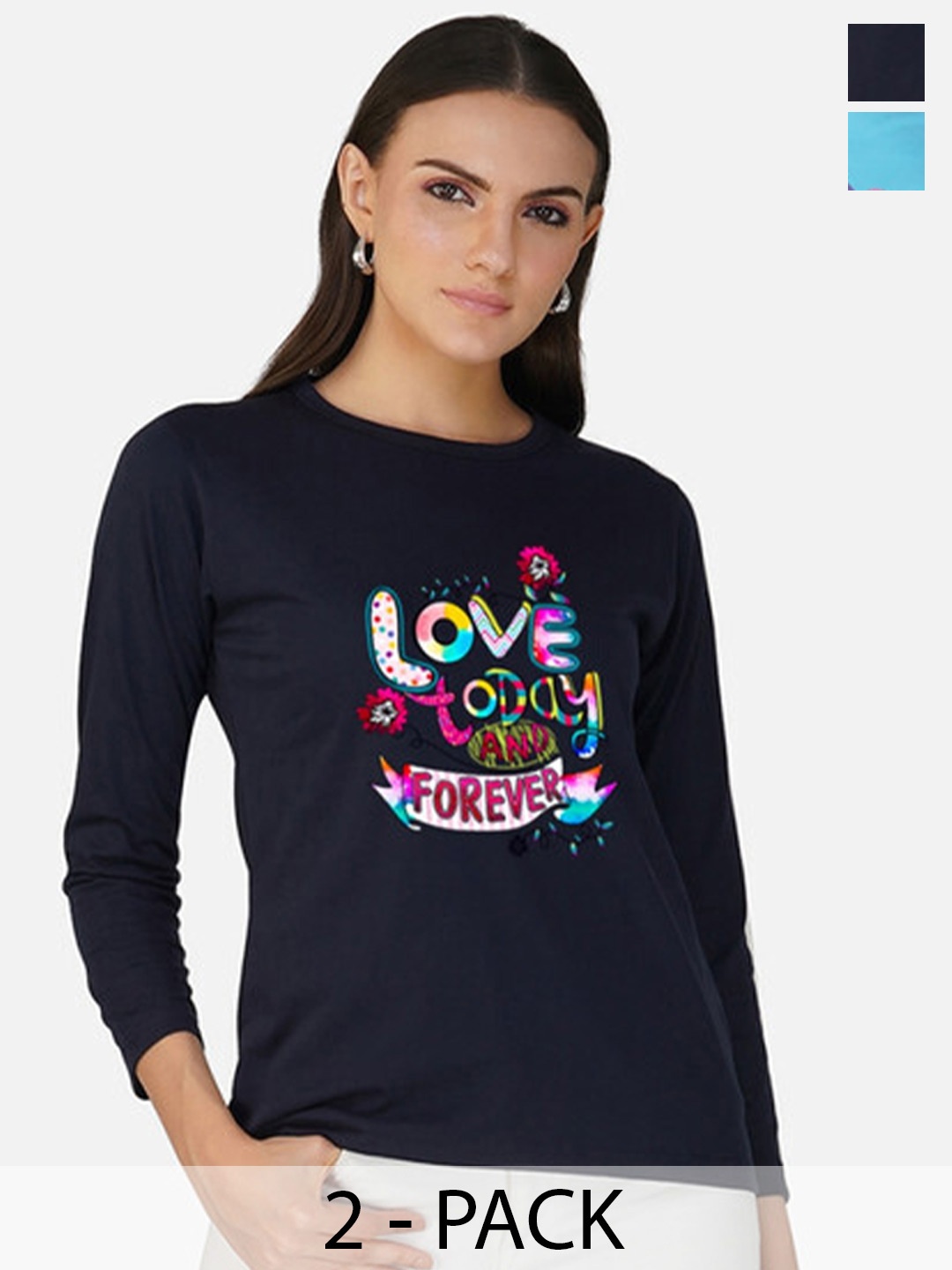 

Metronaut Women 2 Printed Bio Finish Applique T-shirt, Navy blue