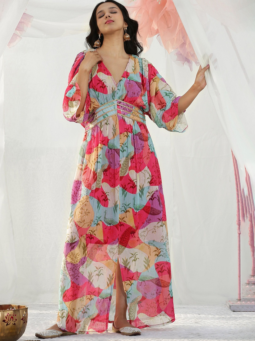 

SEW Printed Georgette Kaftan Shape Maxi Ethnic Dress, Pink