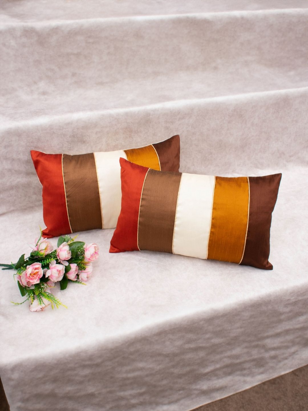 

RoyalDeco Brown & White Set of 2 Striped Rectangle Cushion Covers