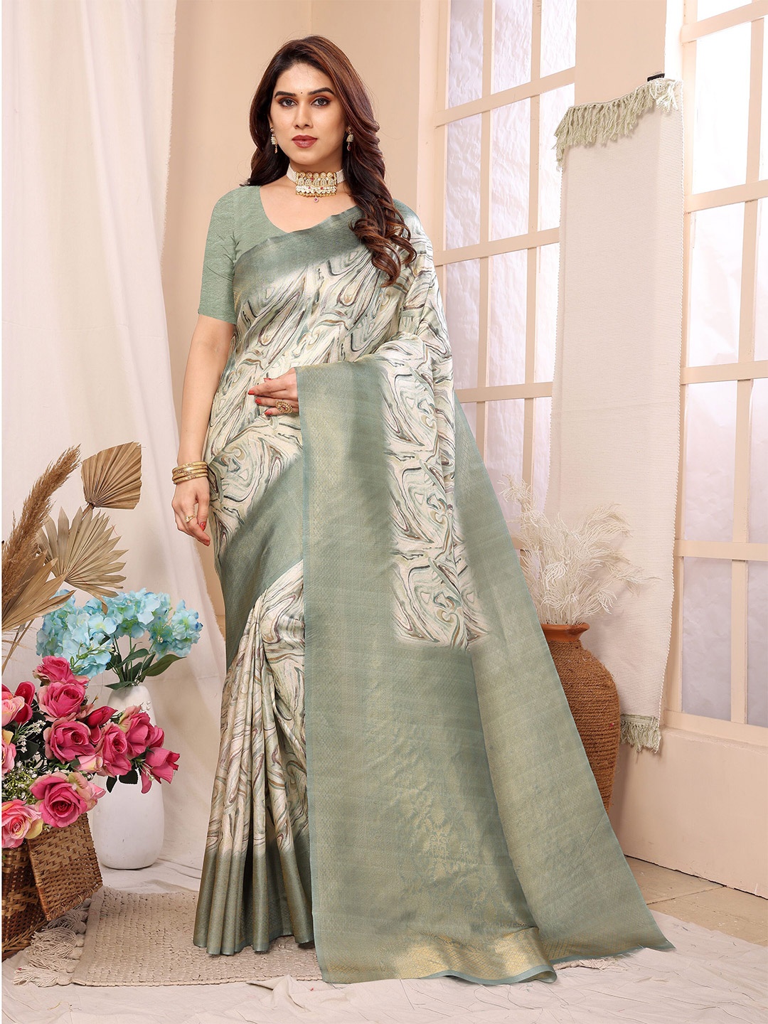 

Moda Rapido Zari Silk Blend Banarasi Saree, Sea green