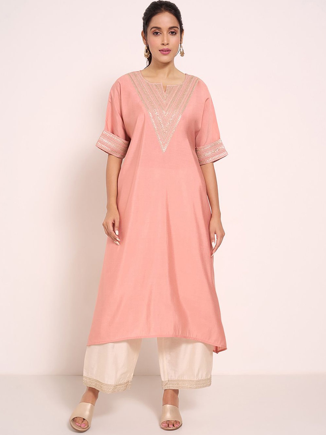 

RANGMANCH BY PANTALOONS Women Flared Sleeves Thread Work Kurta, Peach